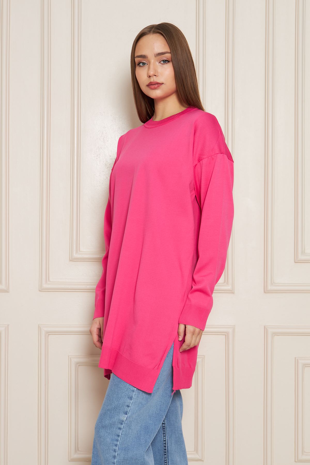 Kadın Bisiklet Yaka Yırtmaçlı Oversize Pembe Triko Kazak