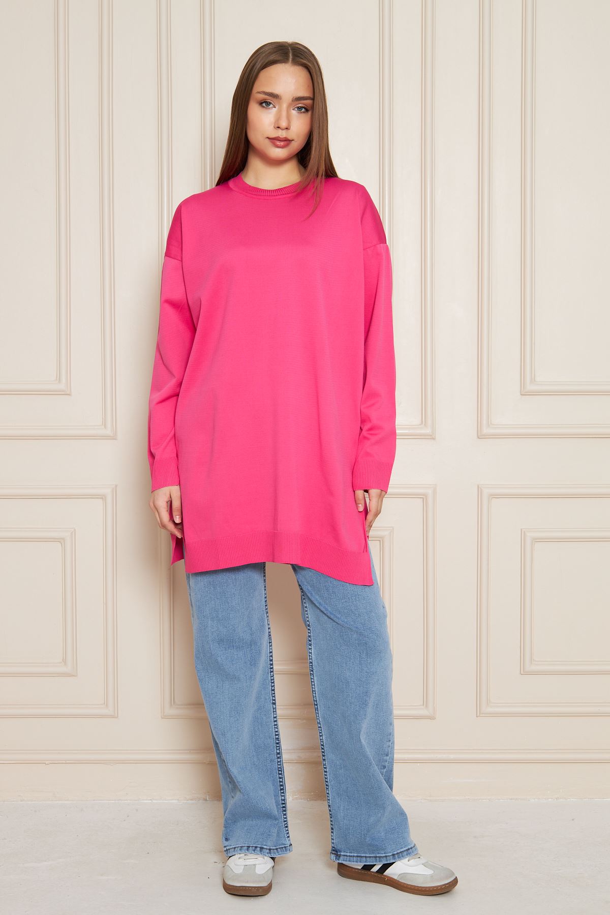 Kadın Bisiklet Yaka Yırtmaçlı Oversize Pembe Triko Kazak