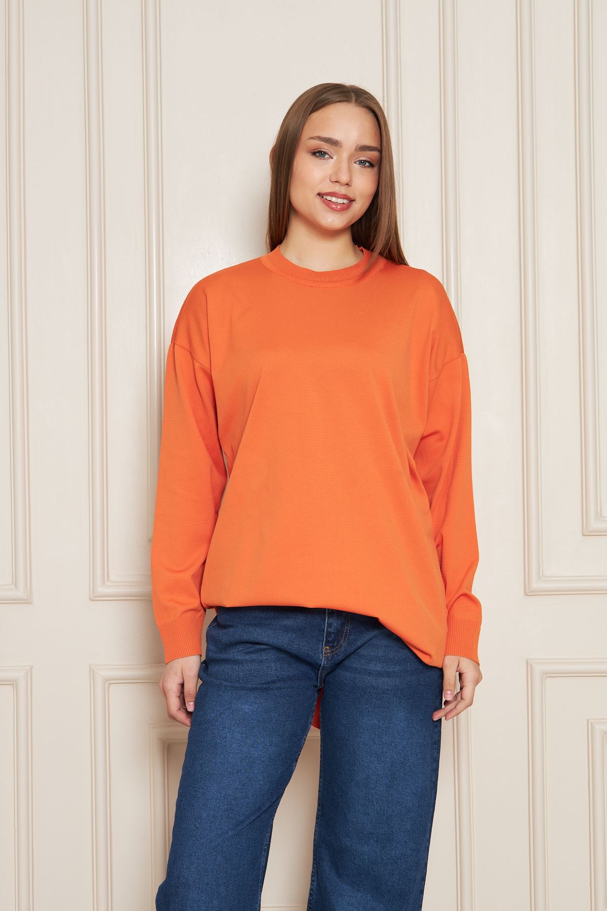 Kadın Bisiklet Yaka Yırtmaçlı Oversize Turuncu Triko Kazak