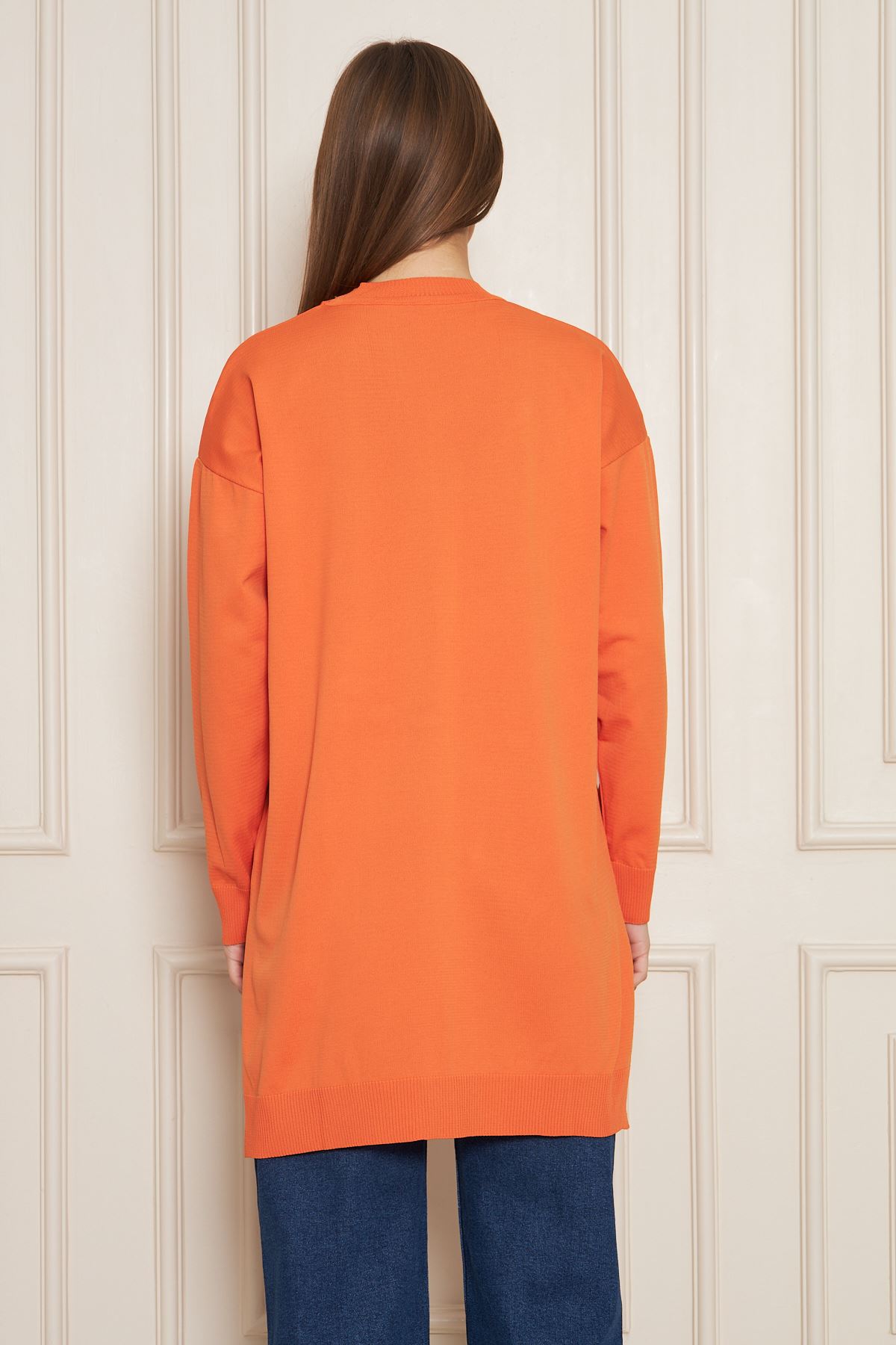 Kadın Bisiklet Yaka Yırtmaçlı Oversize Turuncu Triko Kazak