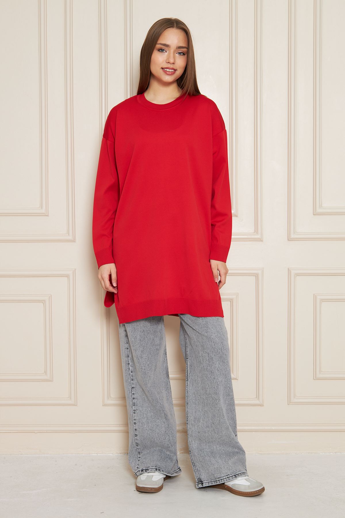 Kadın Bisiklet Yaka Yırtmaçlı Oversize Kırmızı Triko Kazak