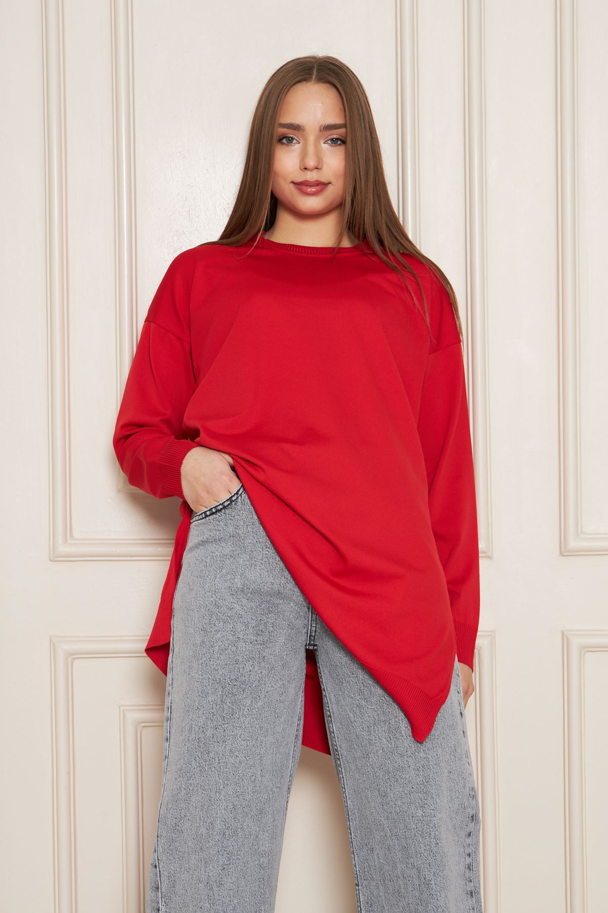 Kadın Bisiklet Yaka Yırtmaçlı Oversize Kırmızı Triko Kazak