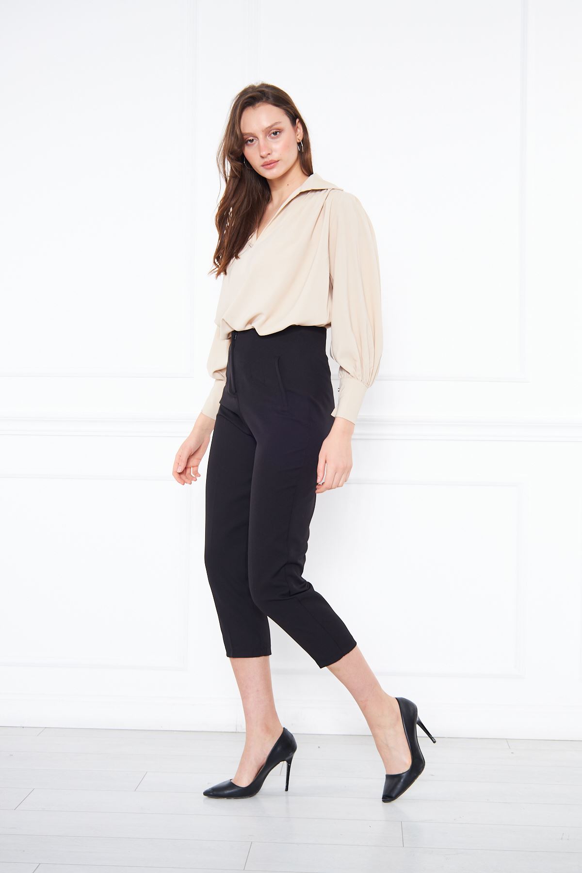 Kadın Trend Balon Kol Oversize Krem Şık Bluz Gömlek