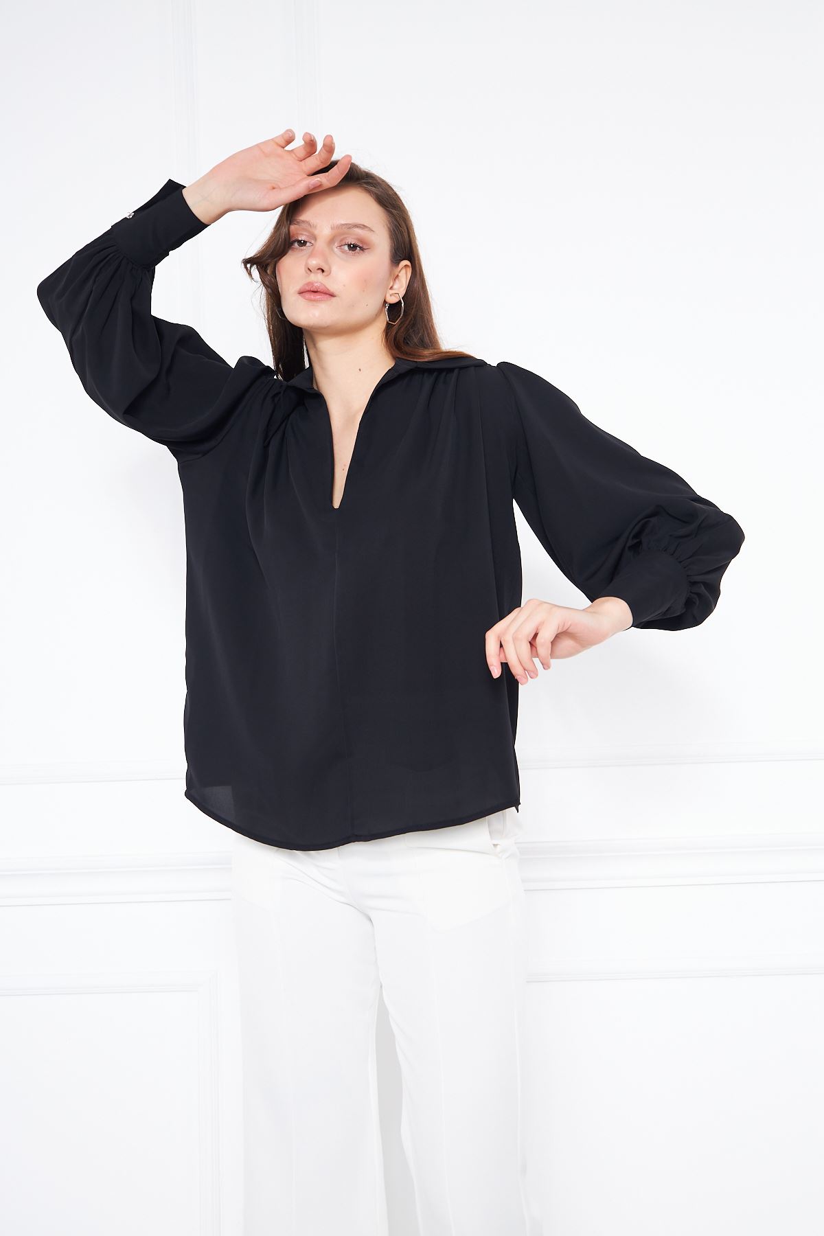Kadın Trend Balon Kol Oversize Siyah Şık Bluz Gömlek