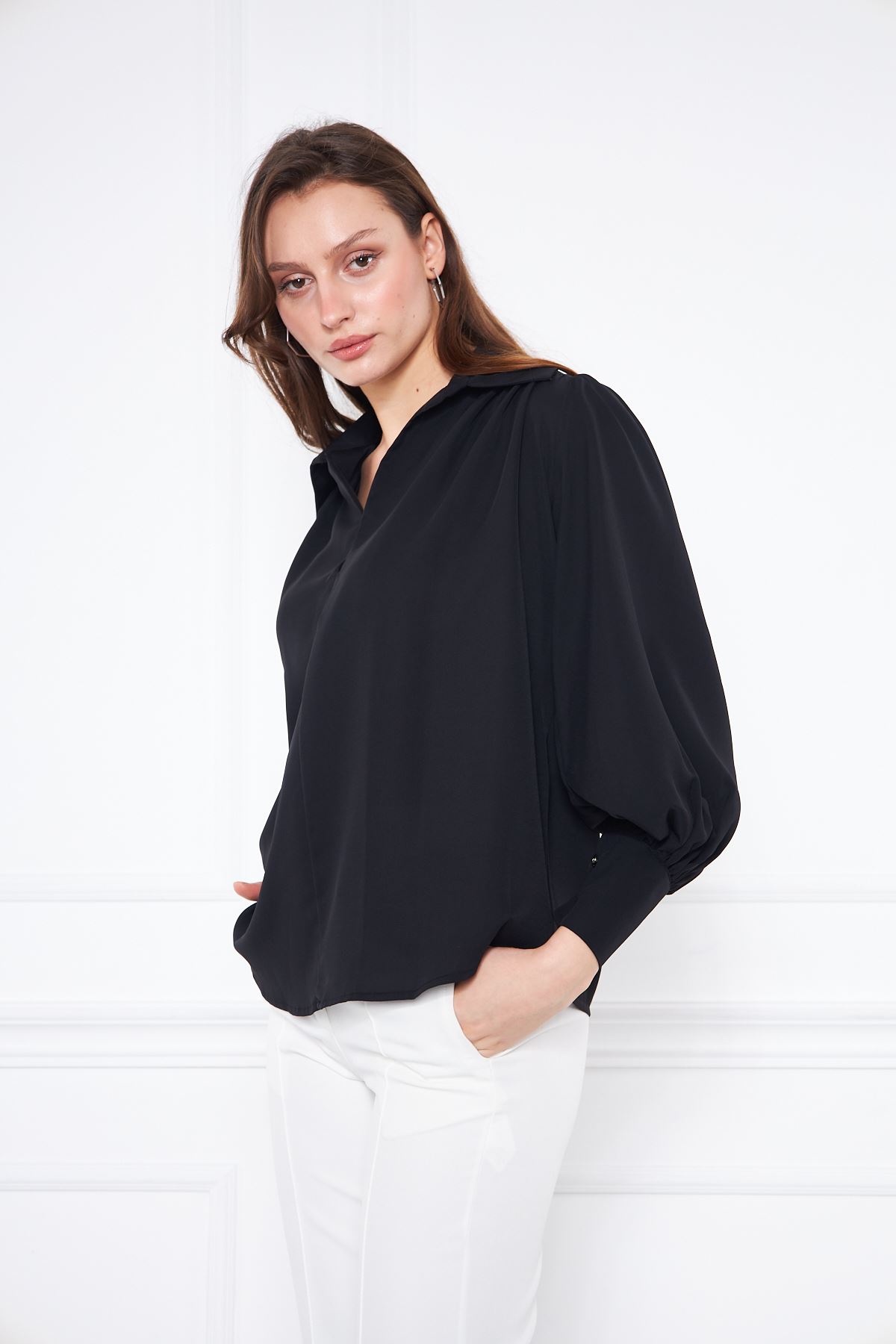 Kadın Trend Balon Kol Oversize Siyah Şık Bluz Gömlek