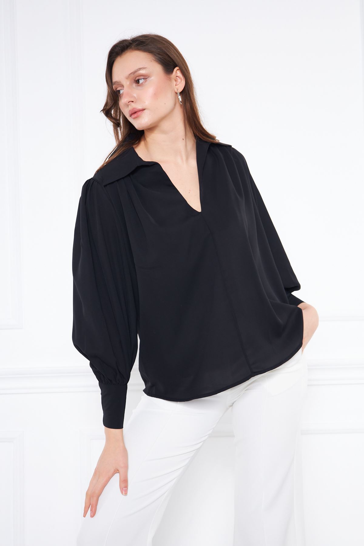 Kadın Trend Balon Kol Oversize Siyah Şık Bluz Gömlek