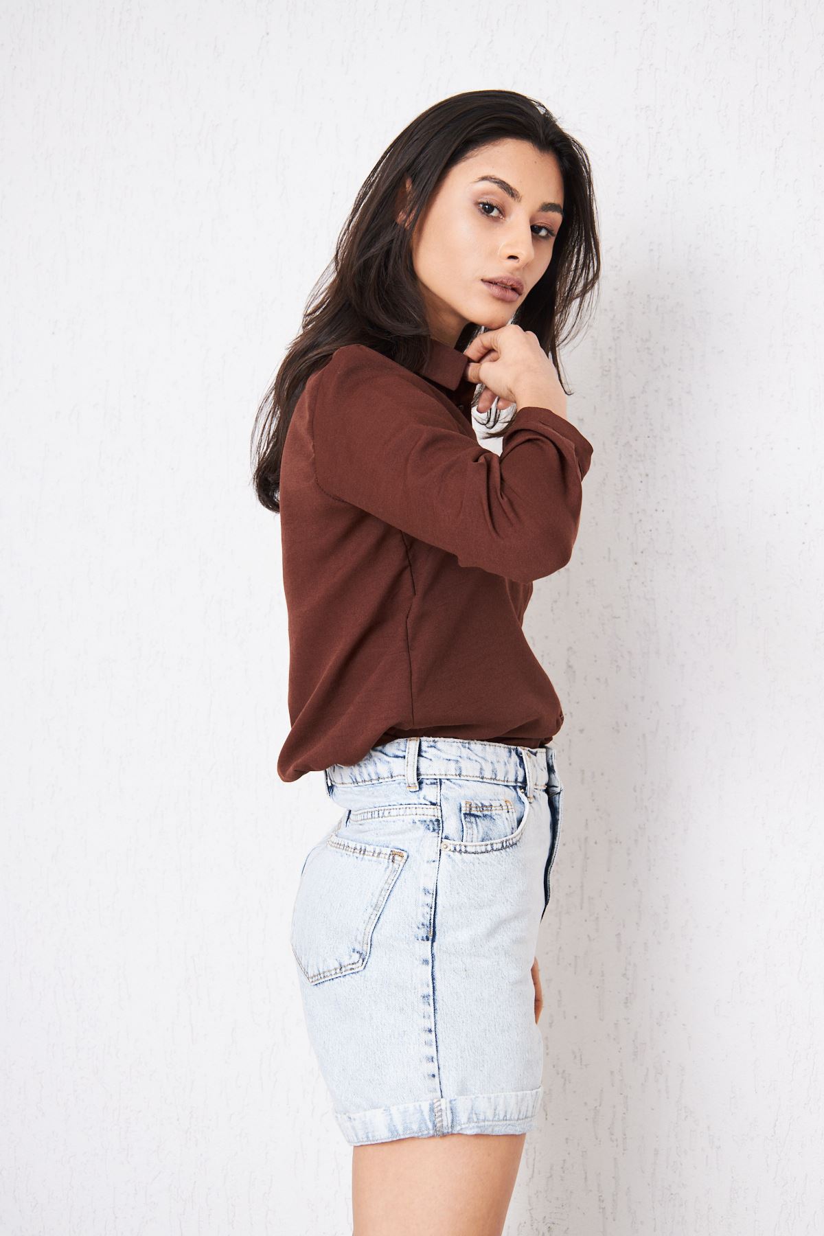 Kadın Uzun Kollu Düğmeli Basic Kahve Tunik Gömlek