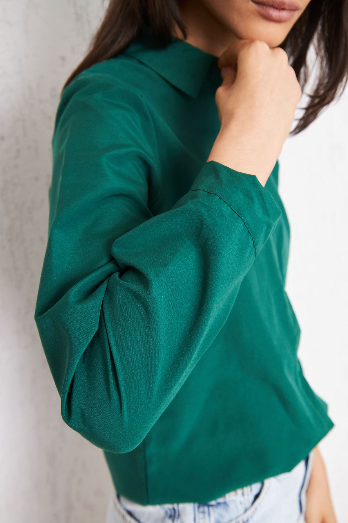 Kadın Uzun Kollu Düğmeli Basic Yeşil Tunik Gömlek