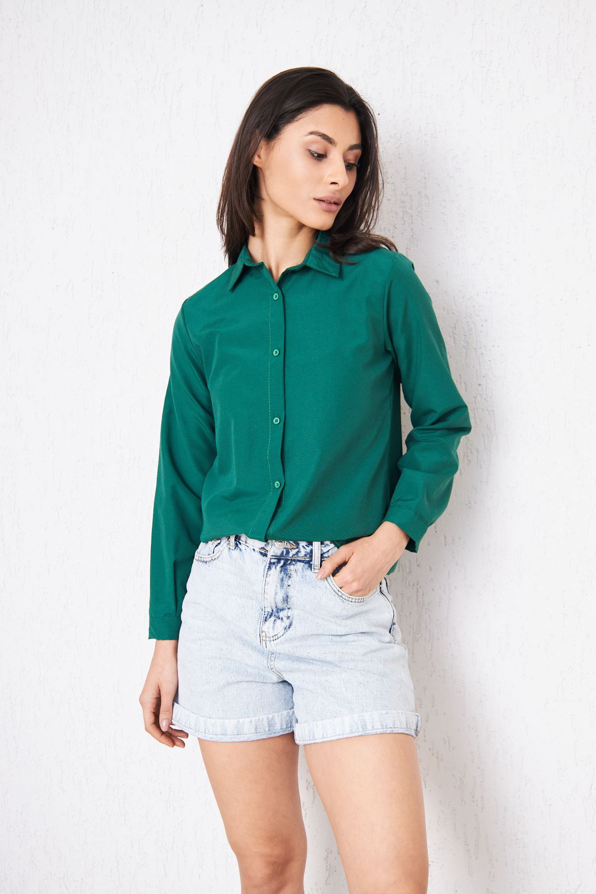 Kadın Uzun Kollu Düğmeli Basic Yeşil Tunik Gömlek