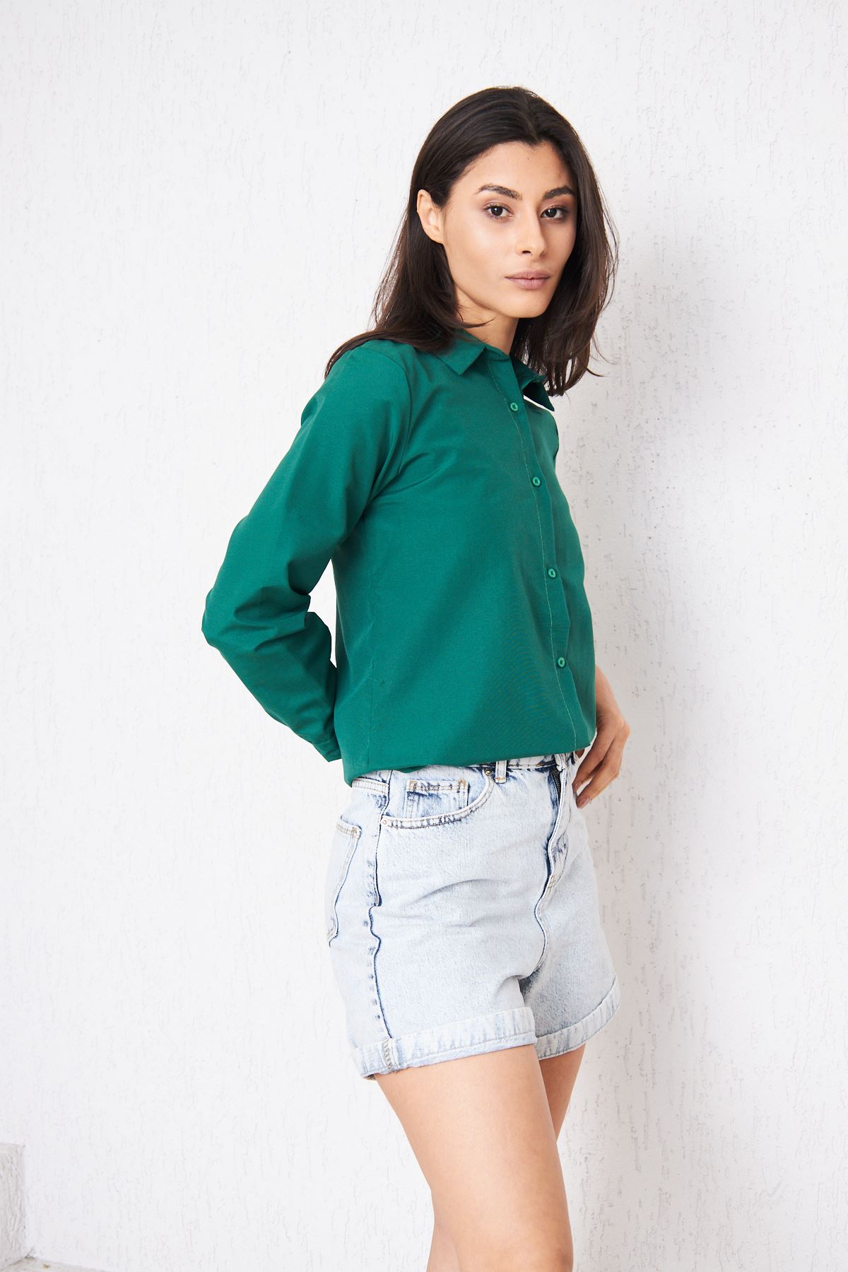 Kadın Uzun Kollu Düğmeli Basic Yeşil Tunik Gömlek