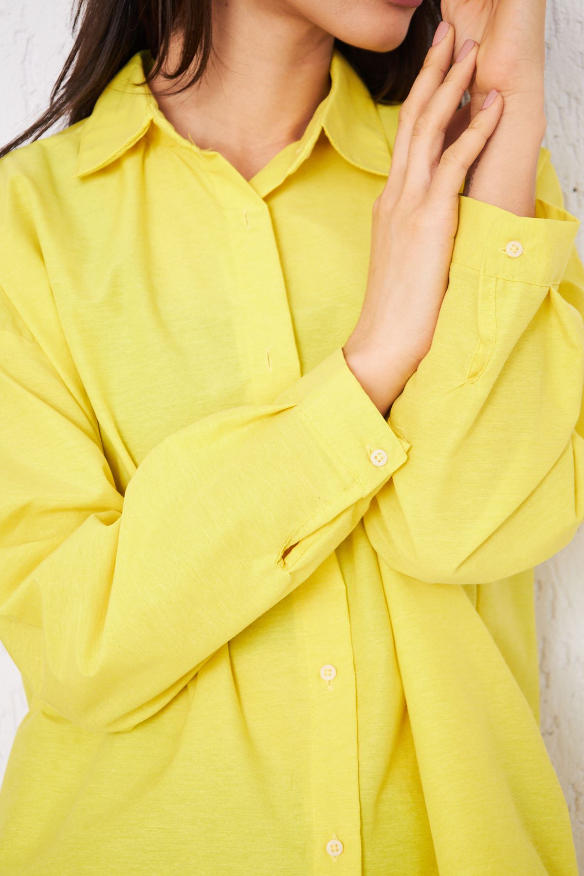 Kadın Cepli Trend Kollu Düğmeli Sarı Tunik Gömlek