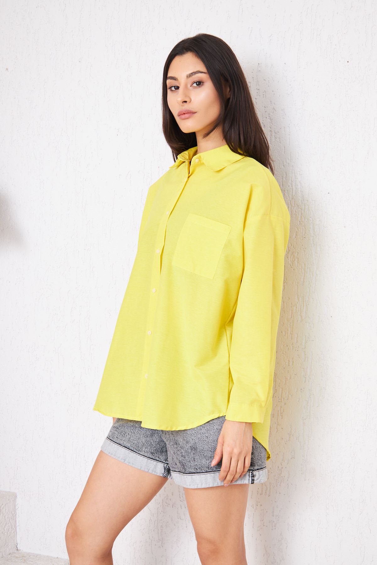 Kadın Cepli Trend Kollu Düğmeli Sarı Tunik Gömlek