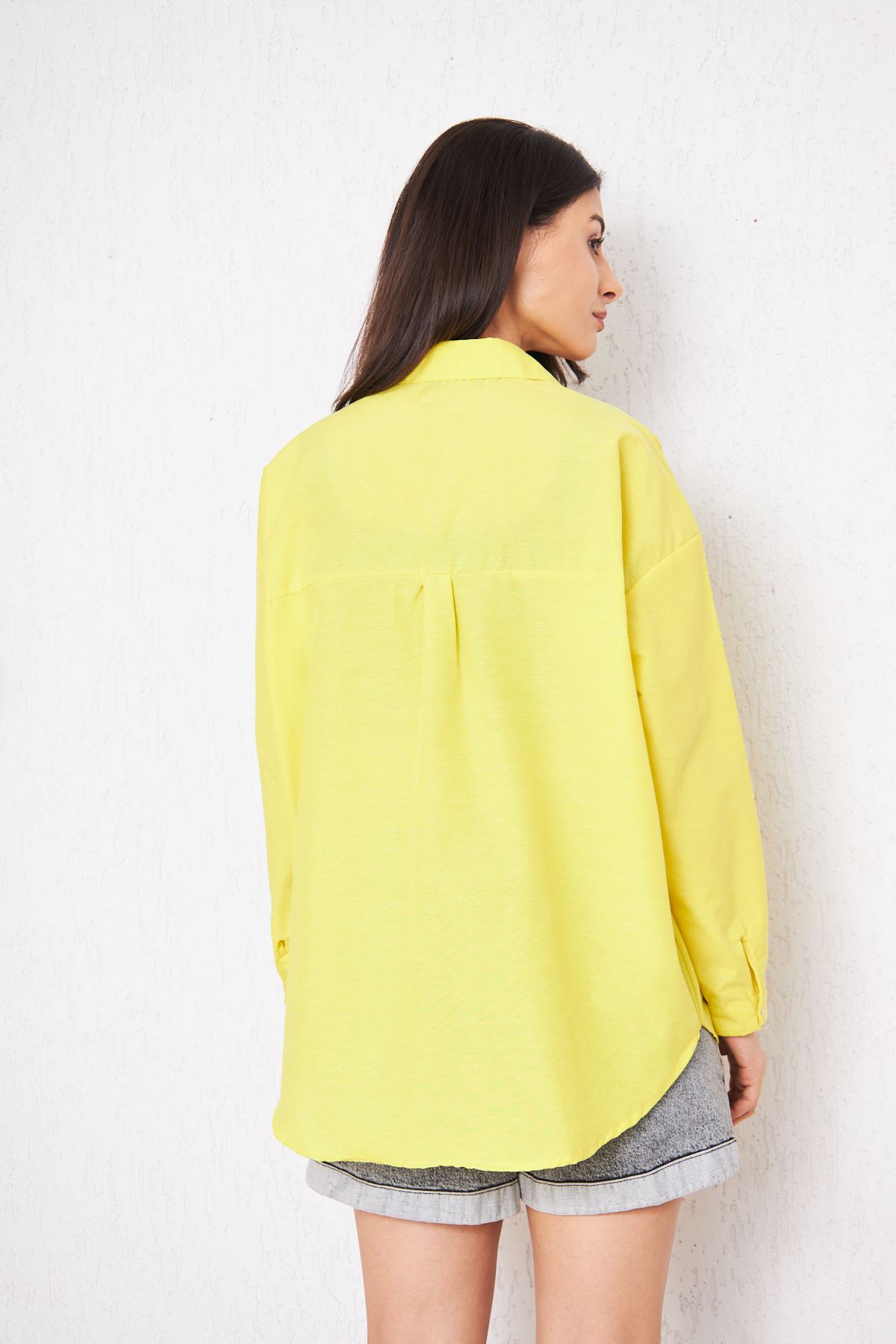 Kadın Cepli Trend Kollu Düğmeli Sarı Tunik Gömlek