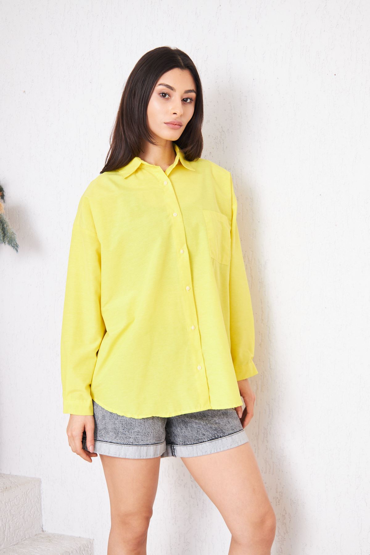 Kadın Cepli Trend Kollu Düğmeli Sarı Tunik Gömlek
