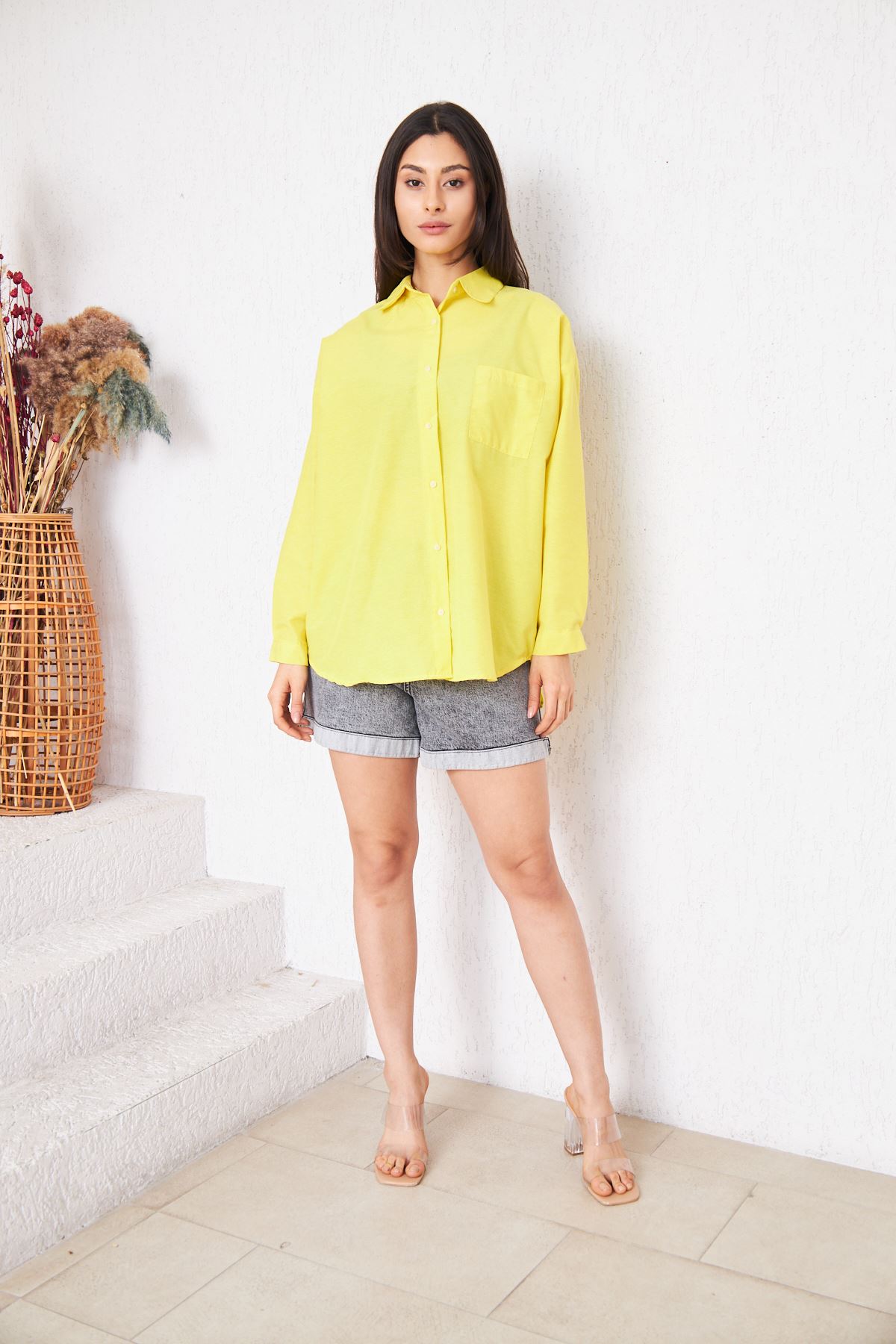 Kadın Cepli Trend Kollu Düğmeli Sarı Tunik Gömlek