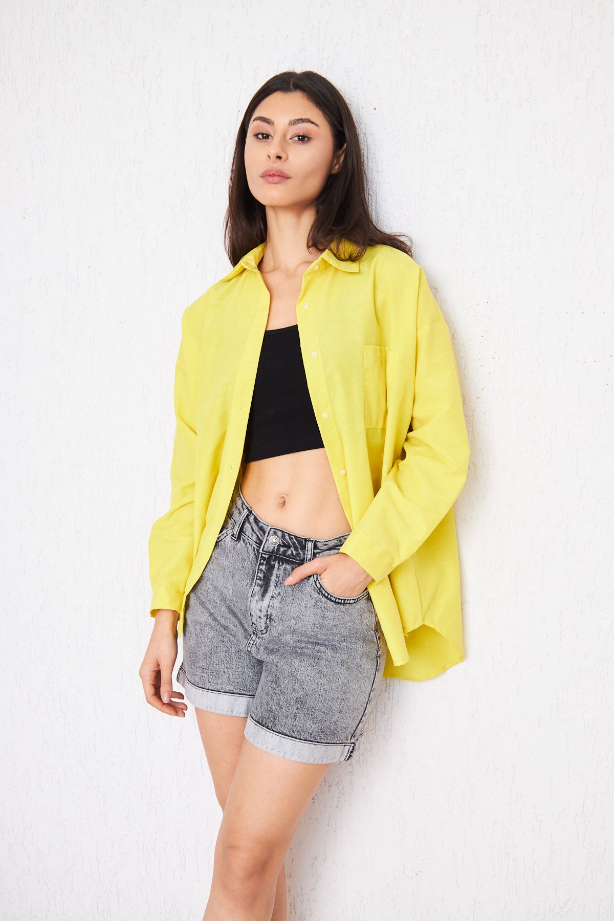 Kadın Cepli Trend Kollu Düğmeli Sarı Tunik Gömlek