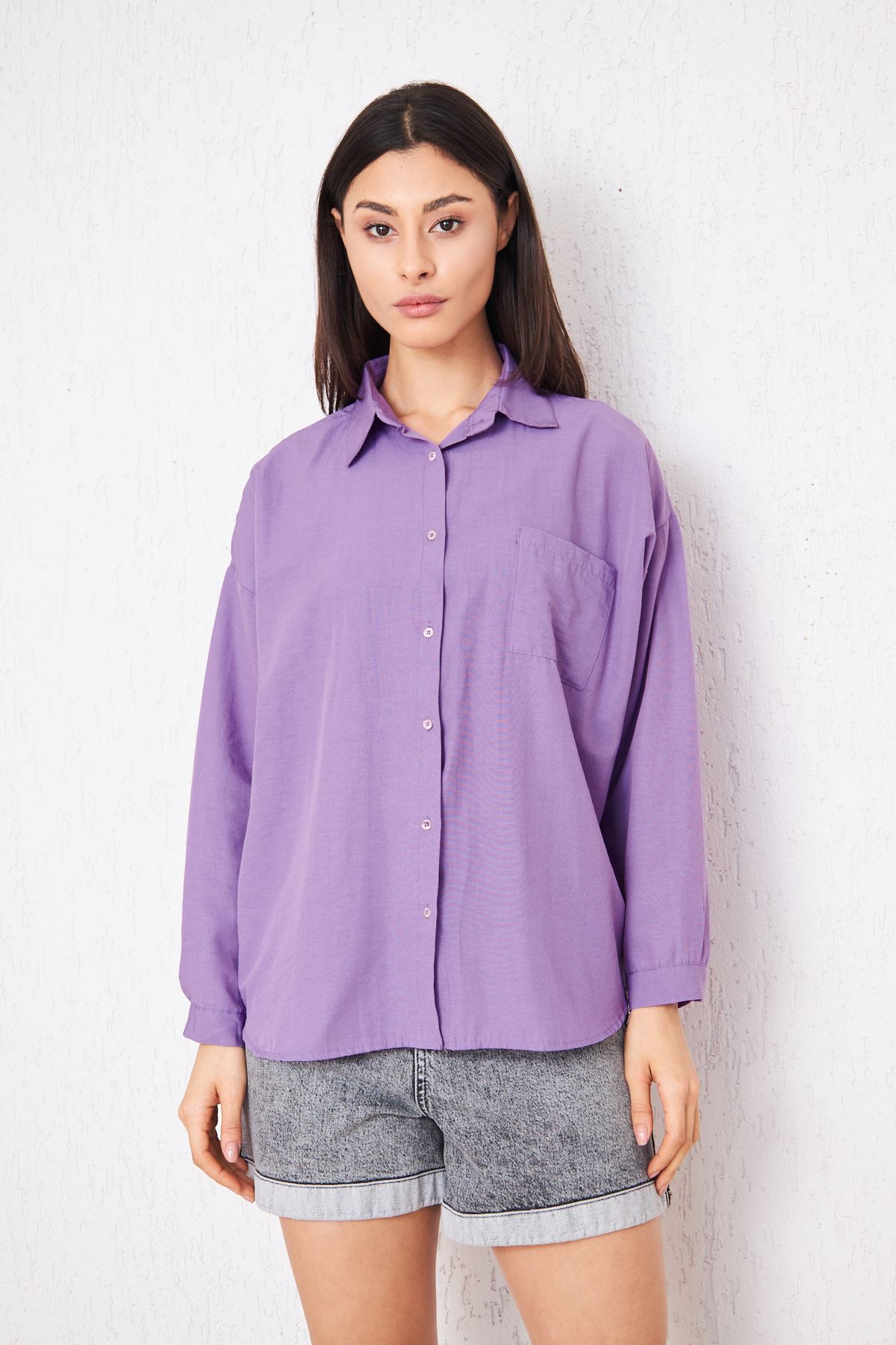 Kadın Cepli Trend Kollu Düğmeli Mor Tunik Gömlek