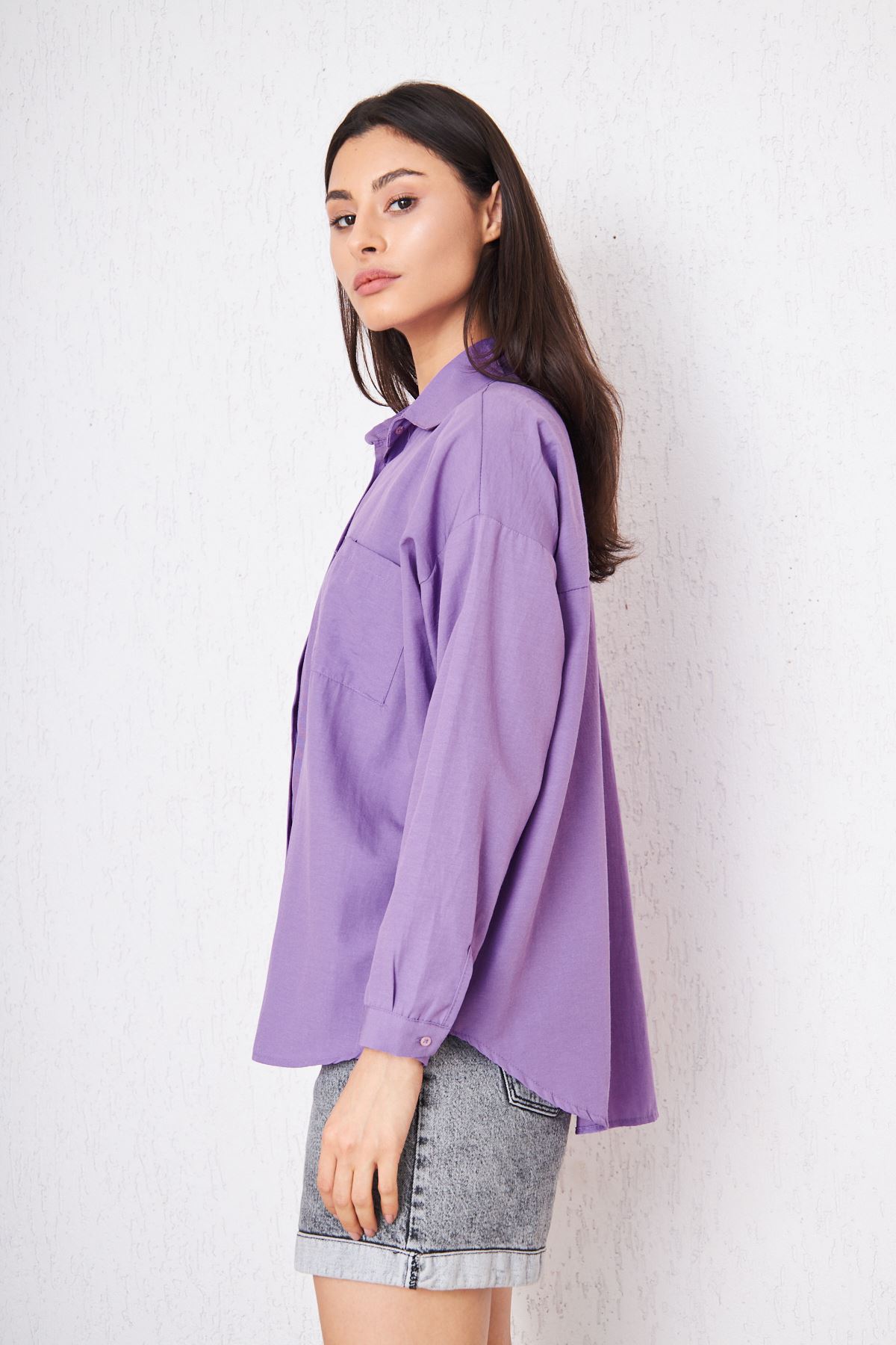 Kadın Cepli Trend Kollu Düğmeli Mor Tunik Gömlek