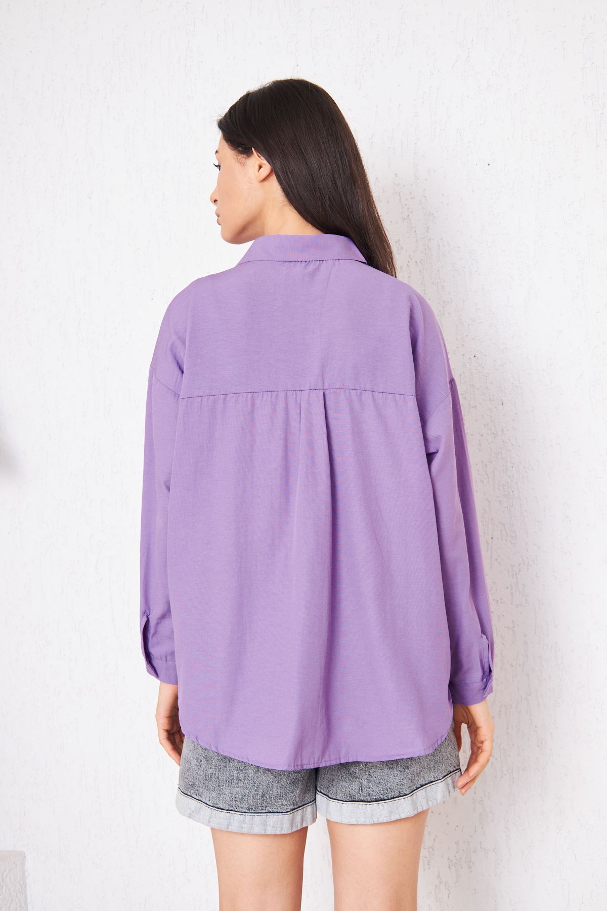 Kadın Cepli Trend Kollu Düğmeli Mor Tunik Gömlek