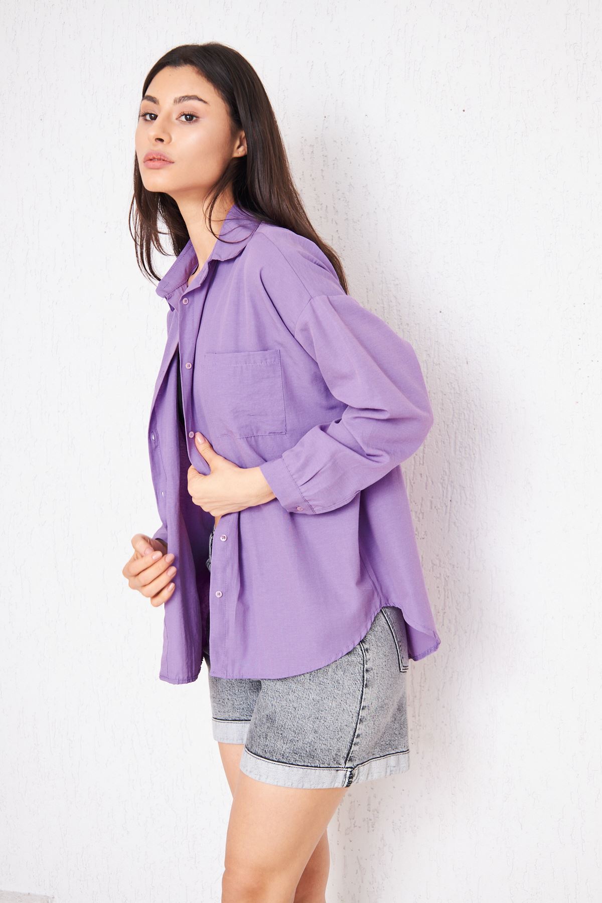 Kadın Cepli Trend Kollu Düğmeli Mor Tunik Gömlek