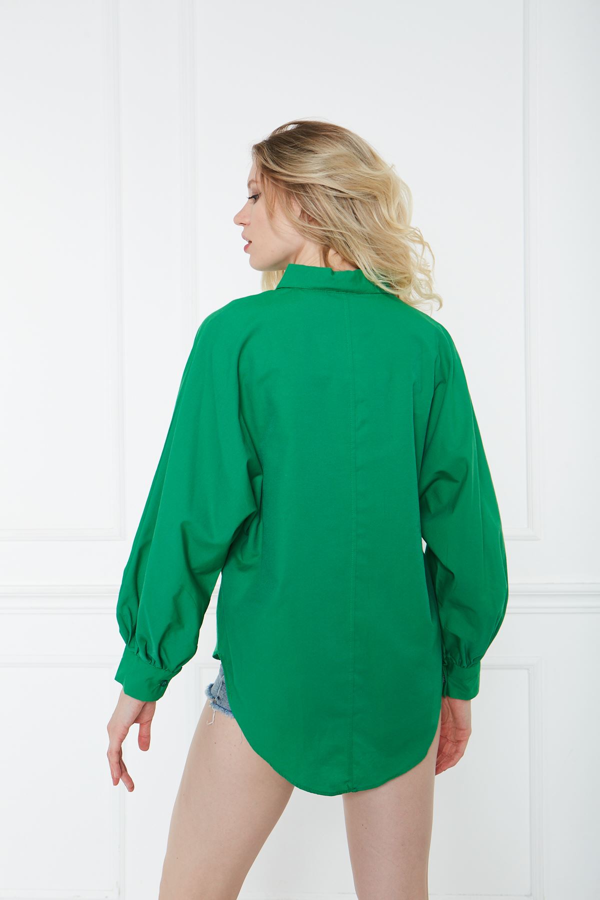 Kadın Trend Balon Kol Düğmeli Basic Yeşil Tunik Gömlek