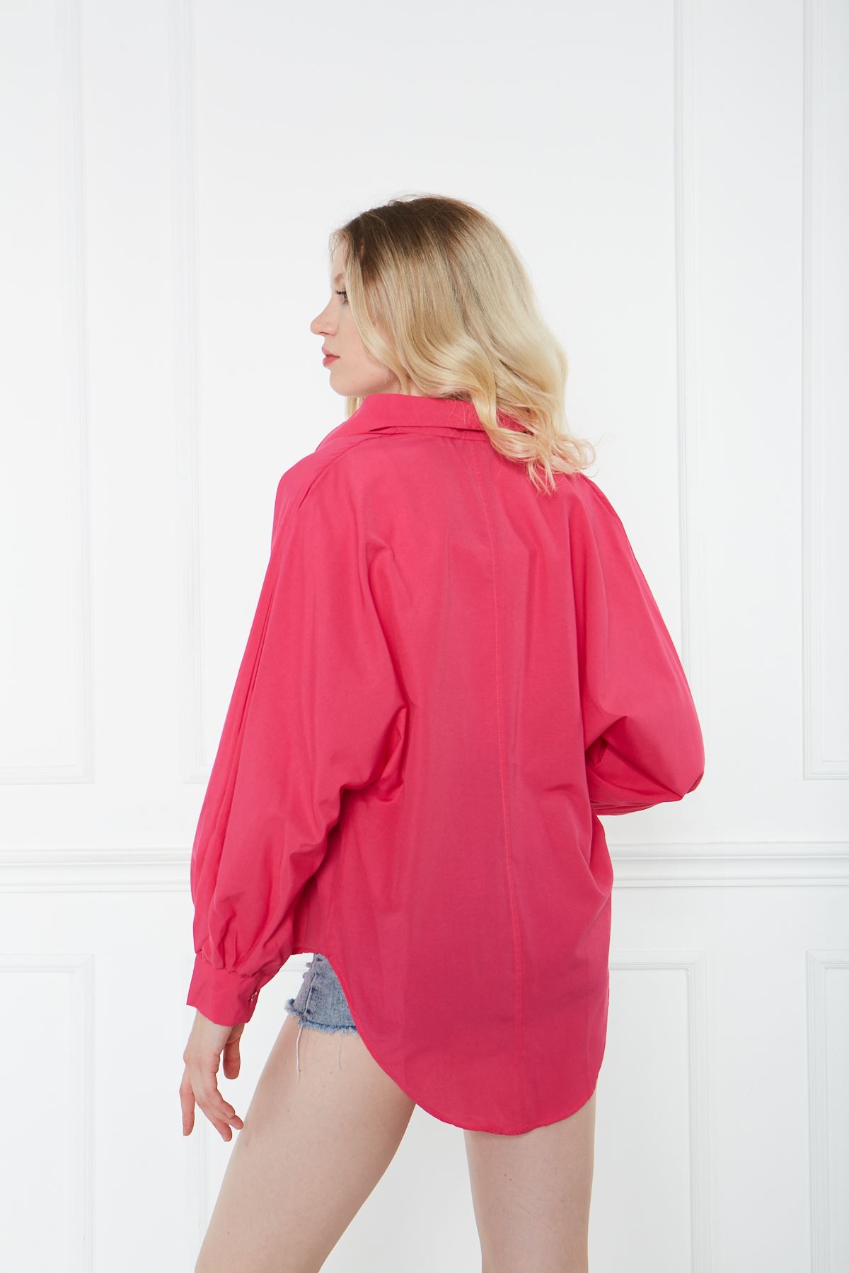 Kadın Trend Balon Kol Düğmeli Basic Pembe Tunik Gömlek