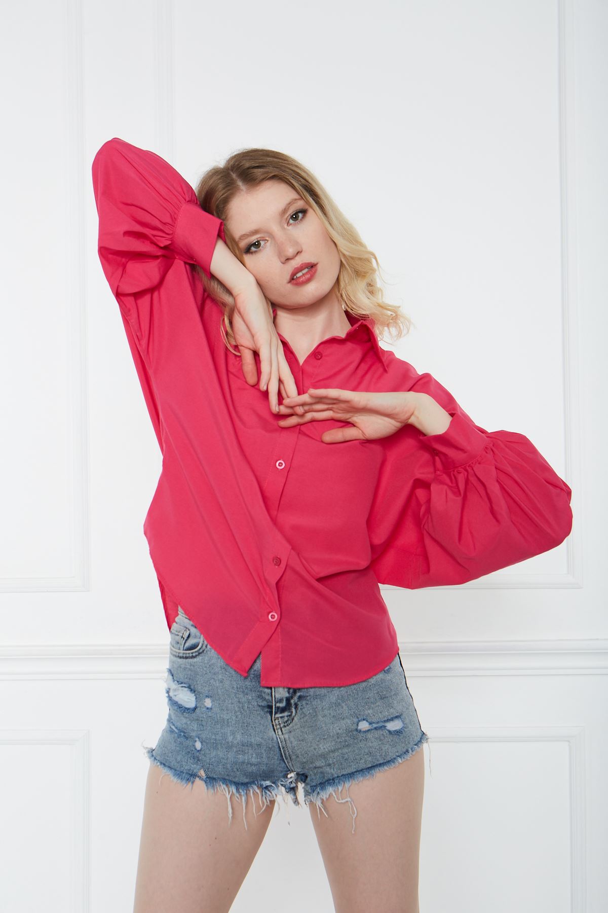 Kadın Trend Balon Kol Düğmeli Basic Pembe Tunik Gömlek