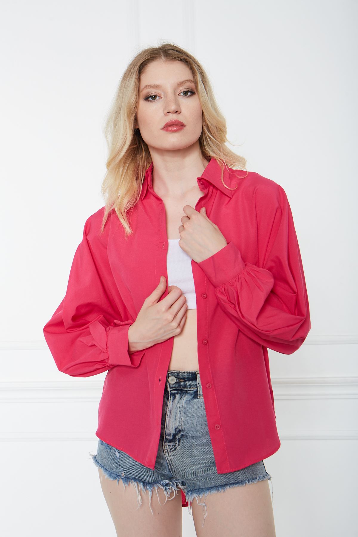 Kadın Trend Balon Kol Düğmeli Basic Pembe Tunik Gömlek