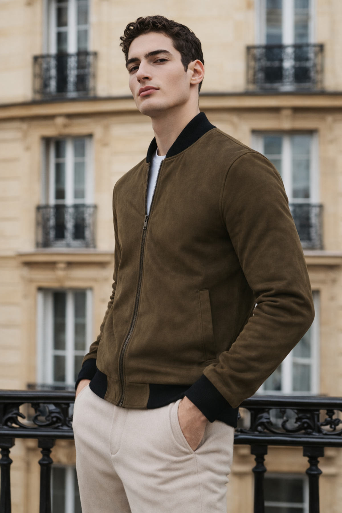 Erkek Trend Dar Astarsız Nubuk Süet Haki Ceket