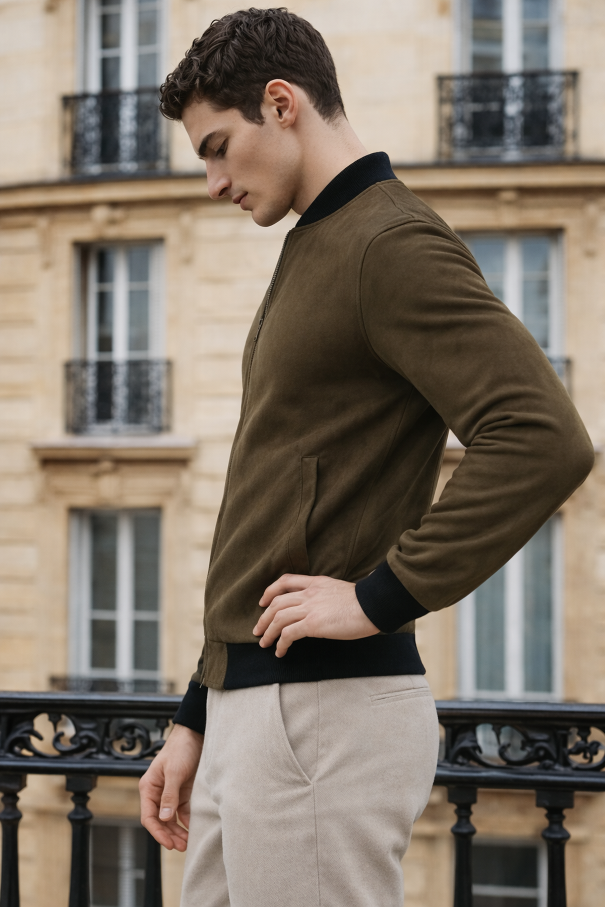 Erkek Trend Dar Astarsız Nubuk Süet Haki Ceket