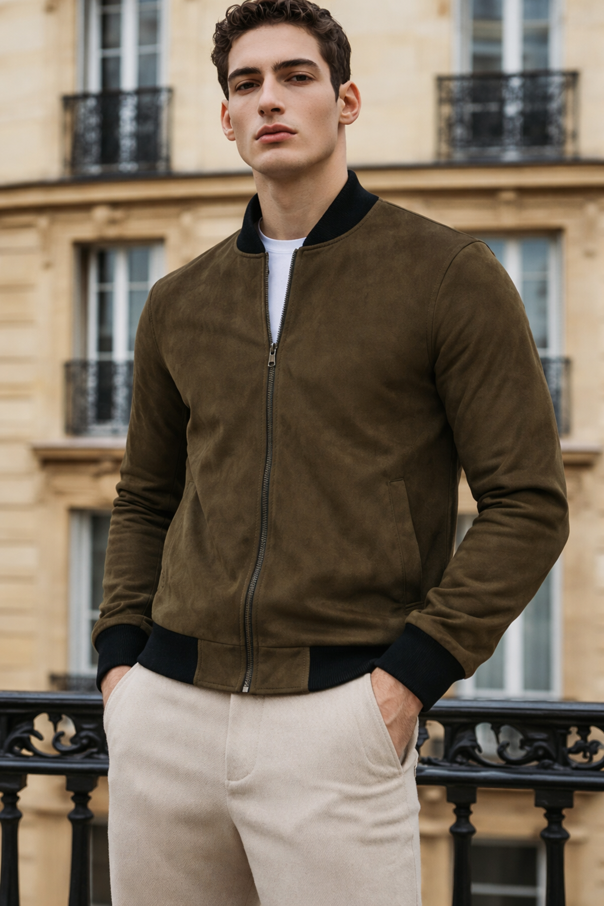 Erkek Trend Dar Astarsız Nubuk Süet Haki Ceket