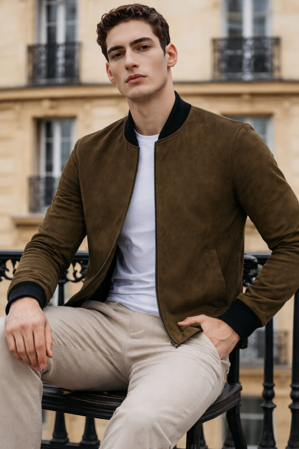 Erkek Trend Dar Astarsız Nubuk Süet Haki Ceket