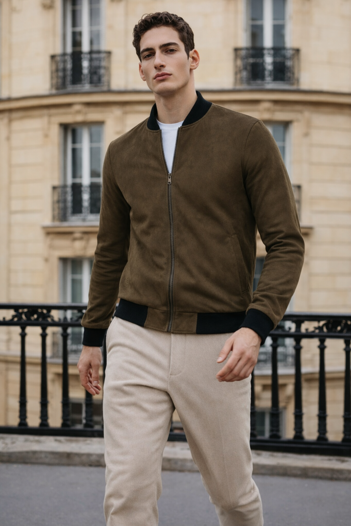 Erkek Trend Dar Astarsız Nubuk Süet Haki Ceket