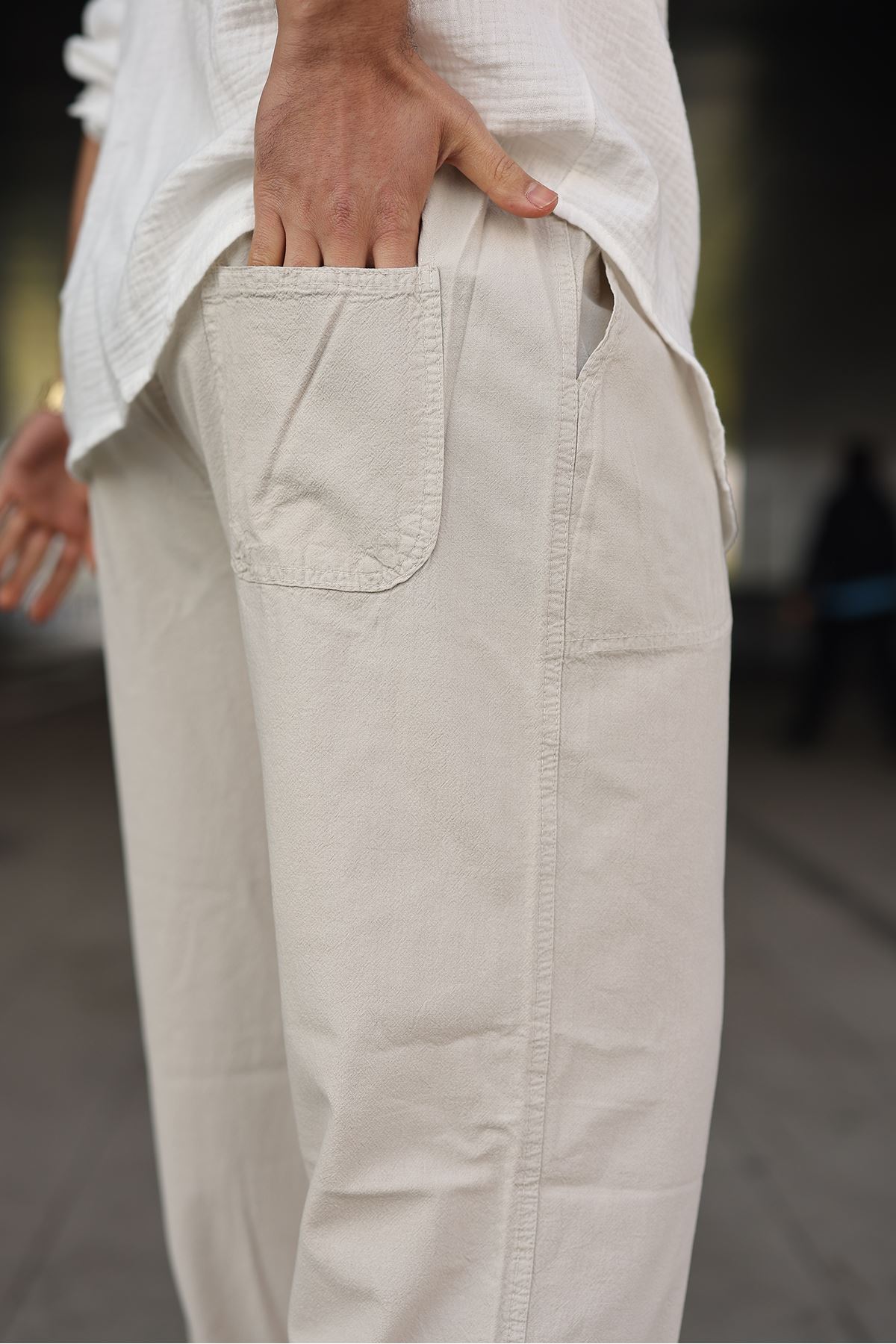 Erkek Trend Basic Bol Paça Krem Baggy Keten Pantolon