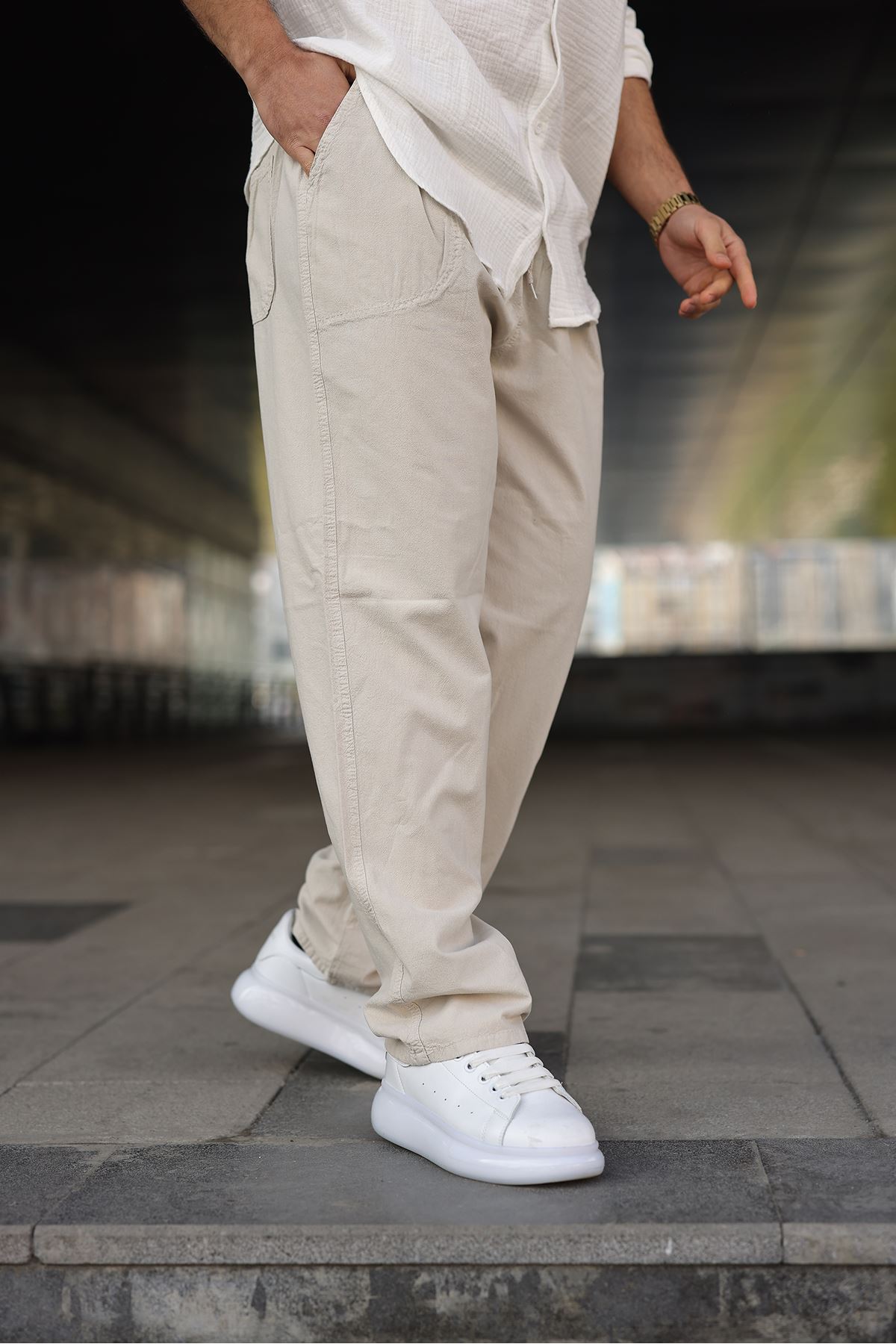 Erkek Trend Basic Bol Paça Krem Baggy Keten Pantolon