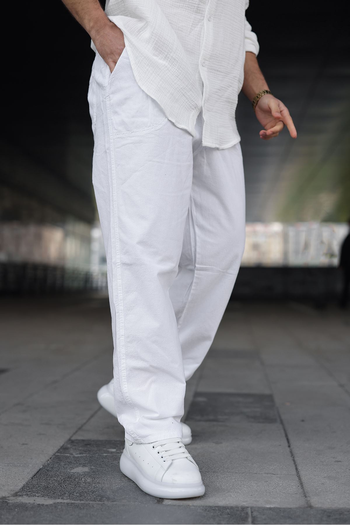 Erkek Trend Basic Bol Paça Beyaz Baggy Keten Pantolon