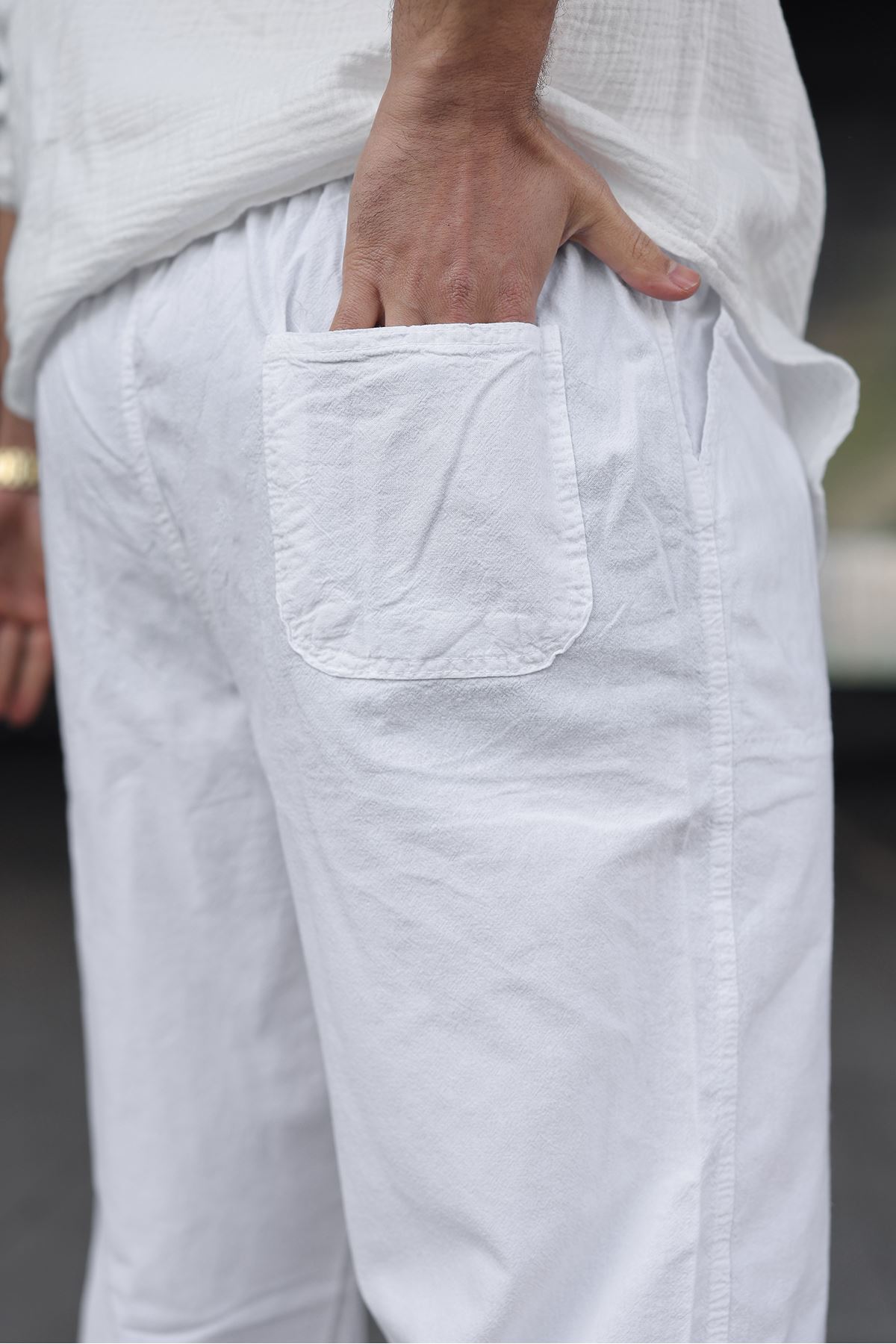 Erkek Trend Basic Bol Paça Beyaz Baggy Keten Pantolon