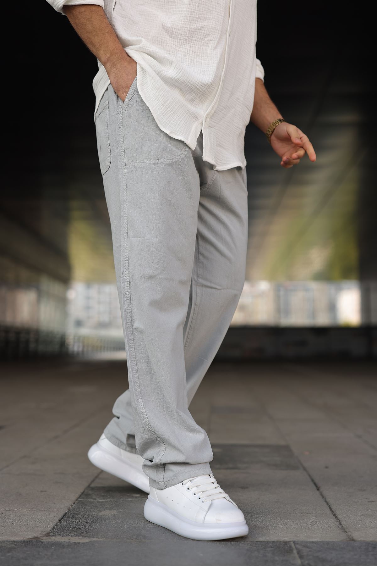 Erkek Trend Basic Bol Paça Gri Baggy Keten Pantolon