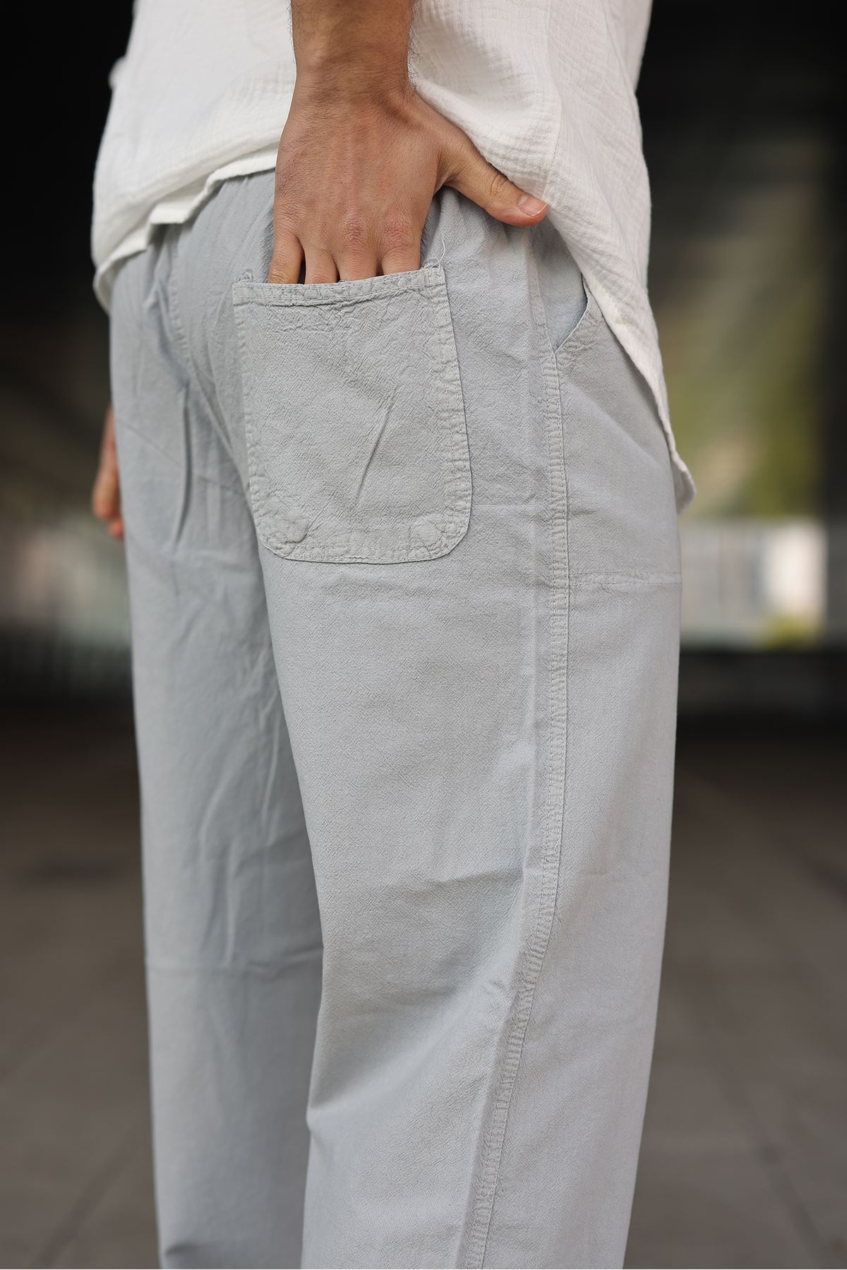 Erkek Trend Basic Bol Paça Gri Baggy Keten Pantolon