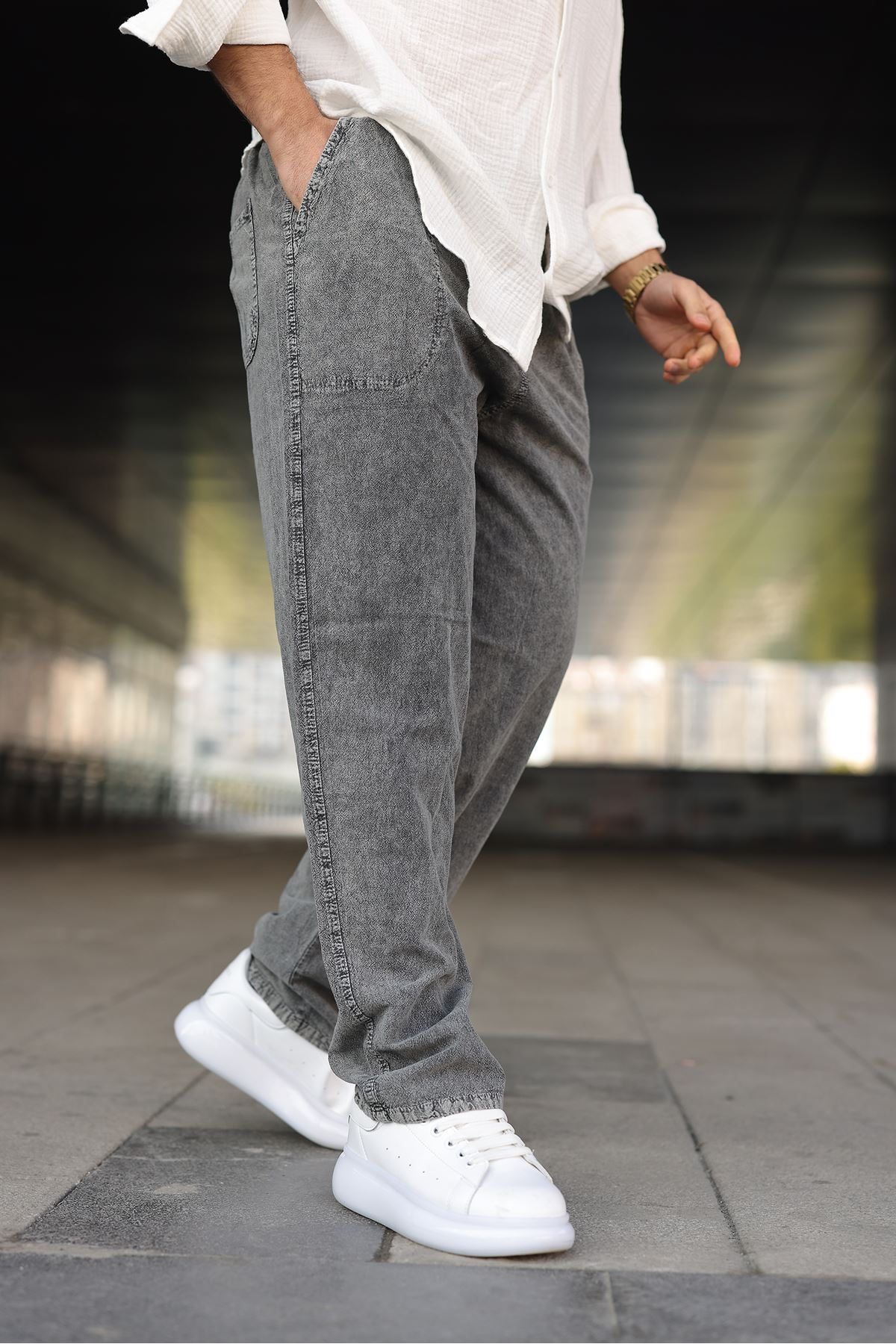 Erkek Trend Basic Bol Paça K.Gri Baggy Keten Pantolon
