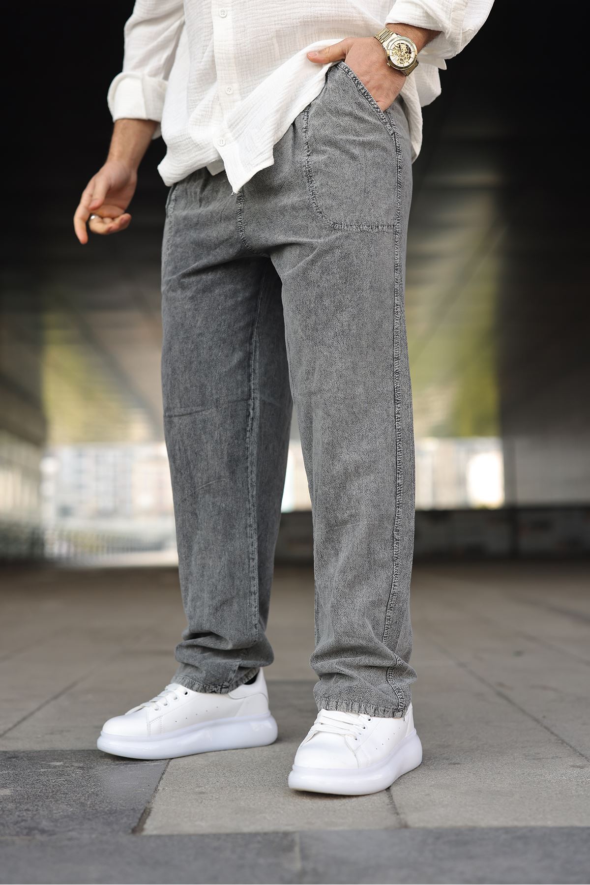 Erkek Trend Basic Bol Paça K.Gri Baggy Keten Pantolon