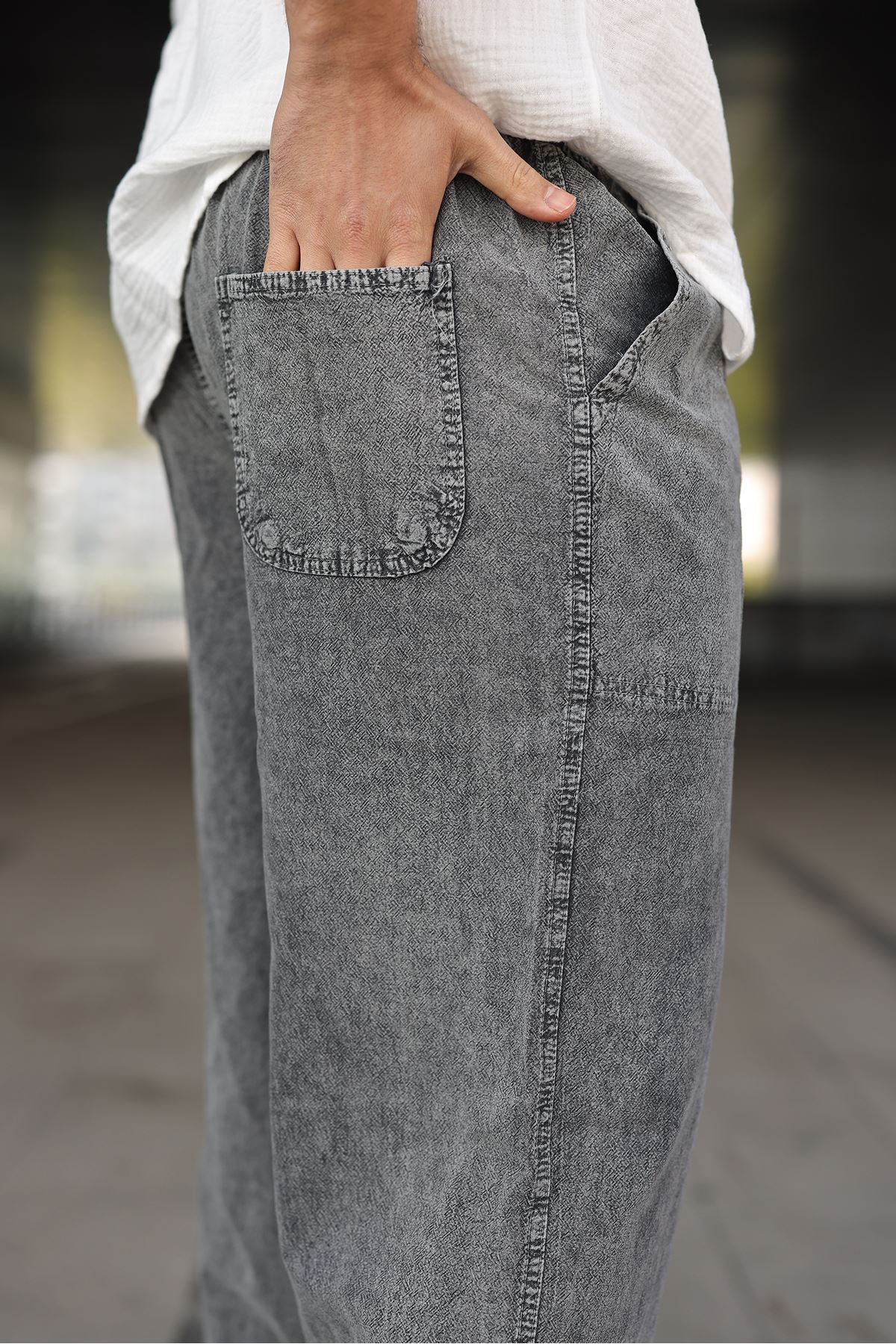 Erkek Trend Basic Bol Paça K.Gri Baggy Keten Pantolon