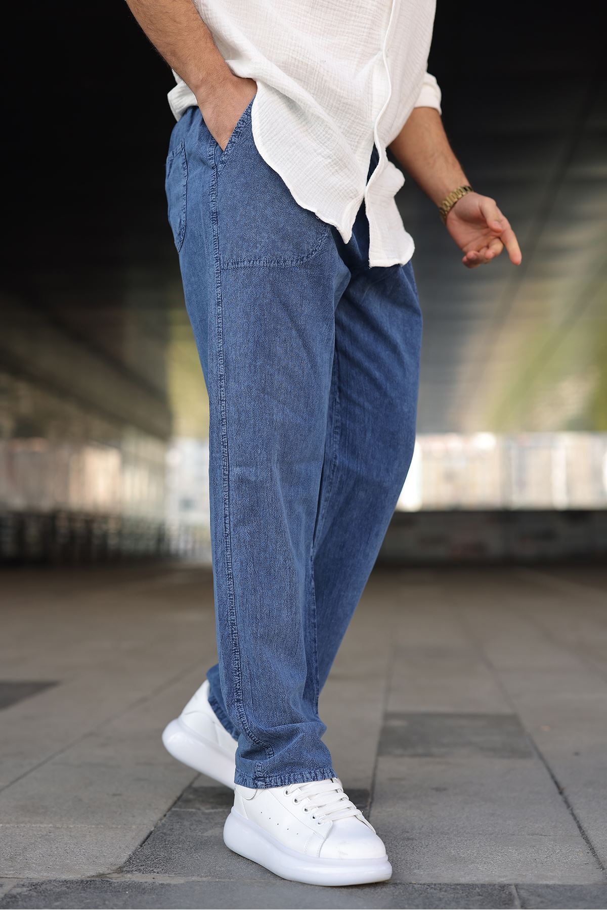 Erkek Trend Basic Bol Paça Mavi Baggy Keten Pantolon