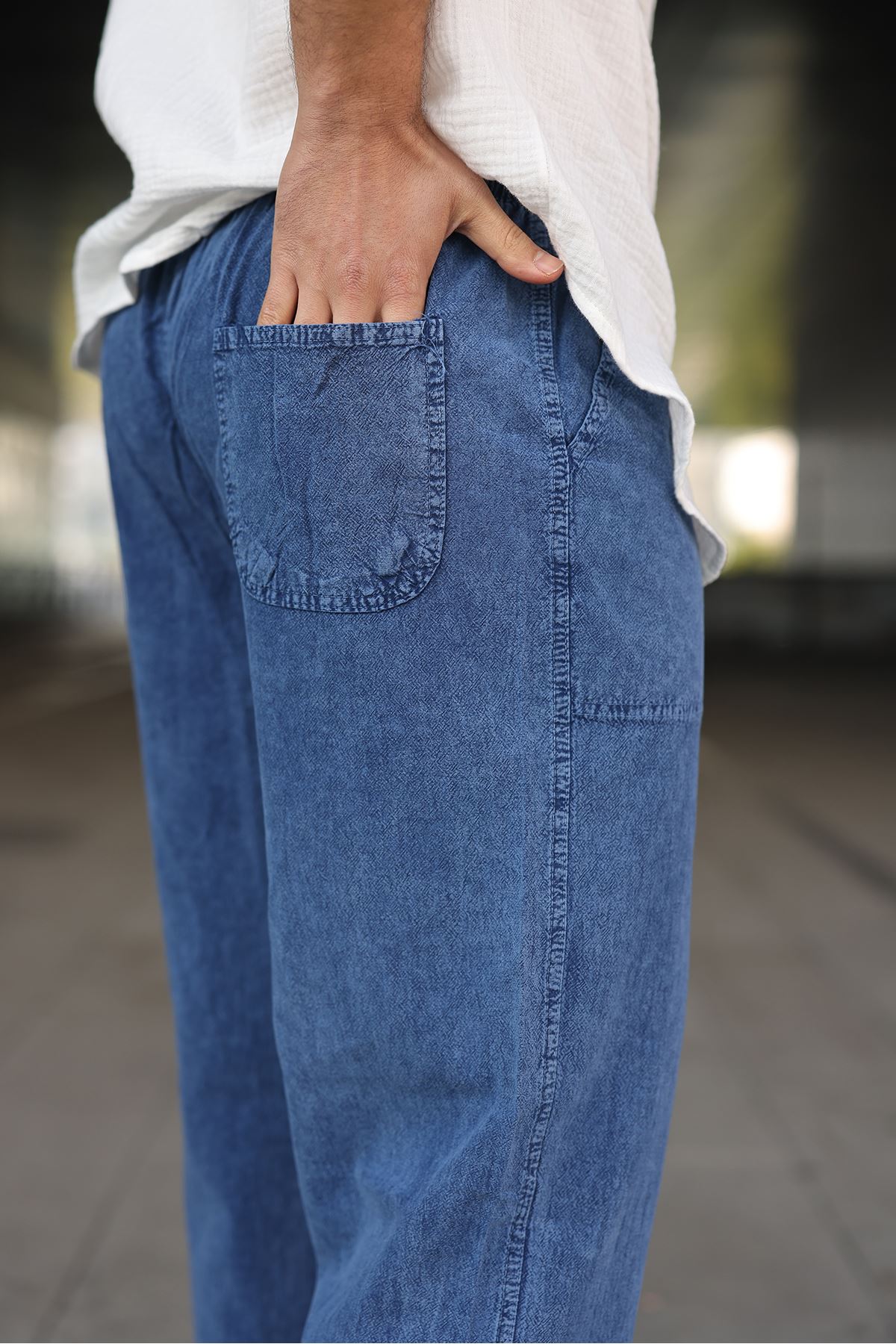 Erkek Trend Basic Bol Paça Mavi Baggy Keten Pantolon