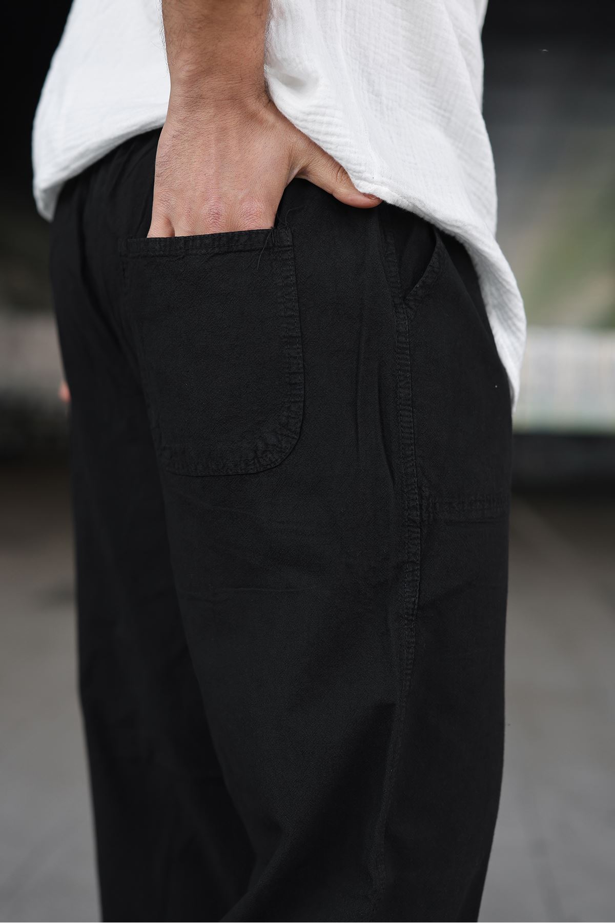 Erkek Trend Basic Bol Paça Siyah Baggy Keten Pantolon