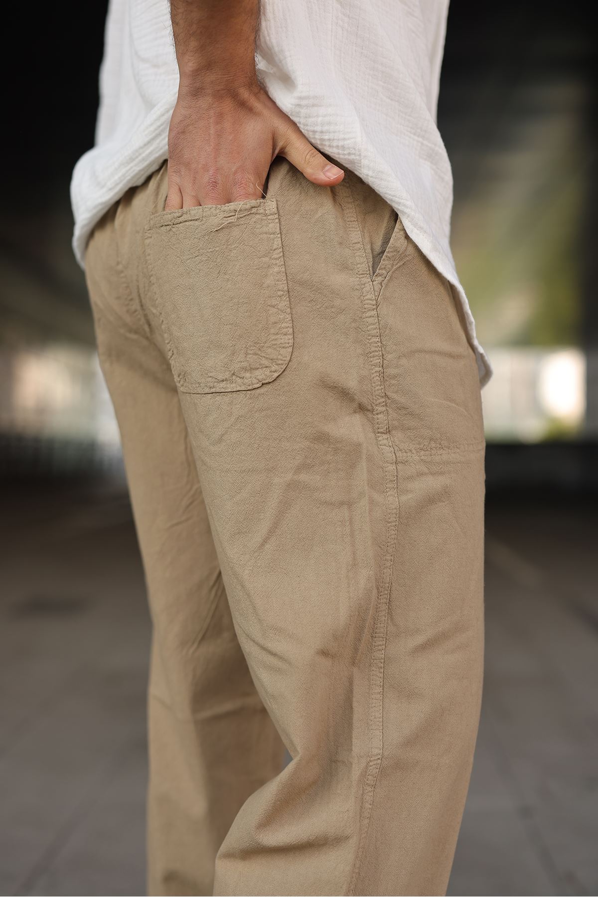 Erkek Trend Basic Bol Paça S.Kahve Baggy Keten Pantolon