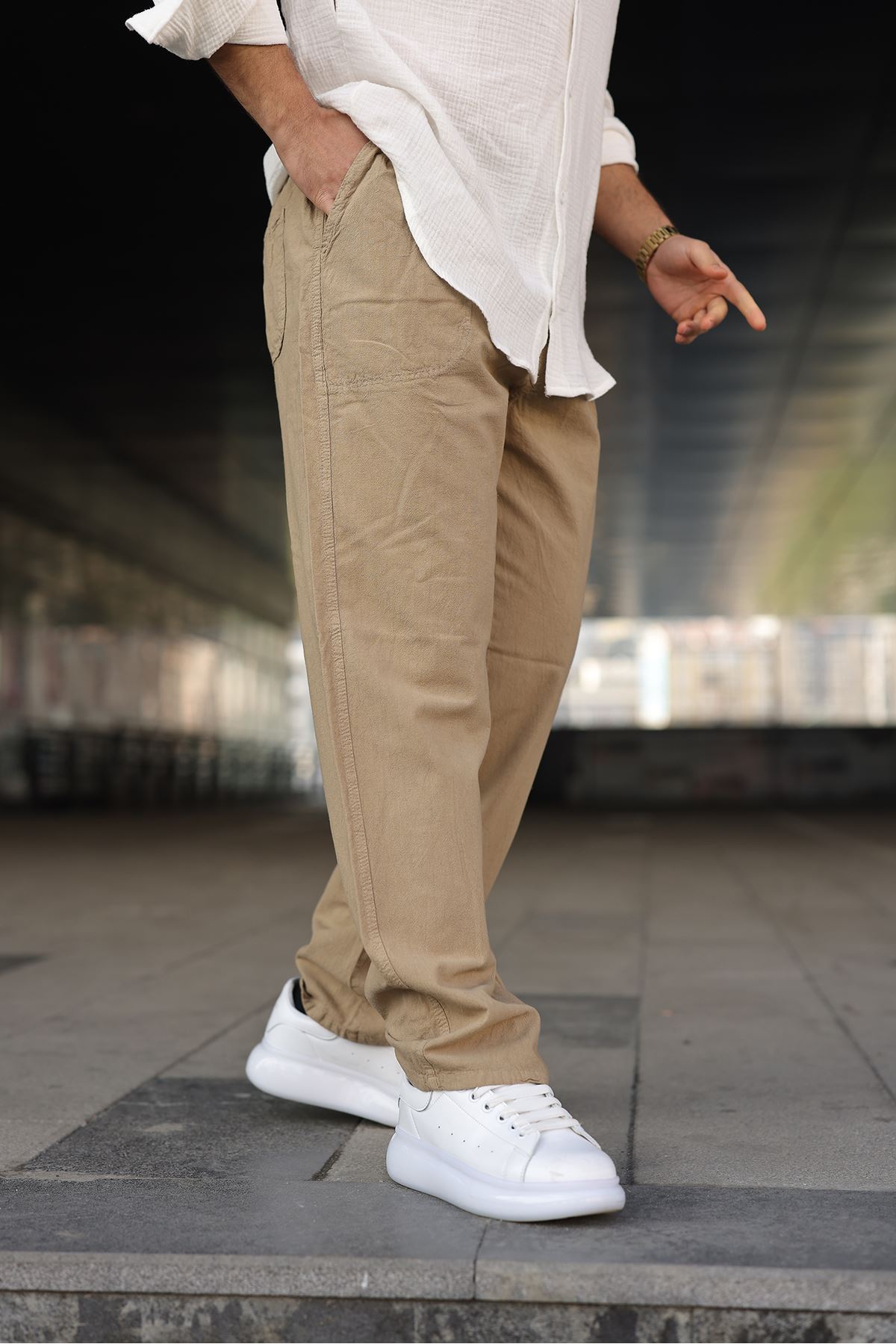 Erkek Trend Basic Bol Paça S.Kahve Baggy Keten Pantolon