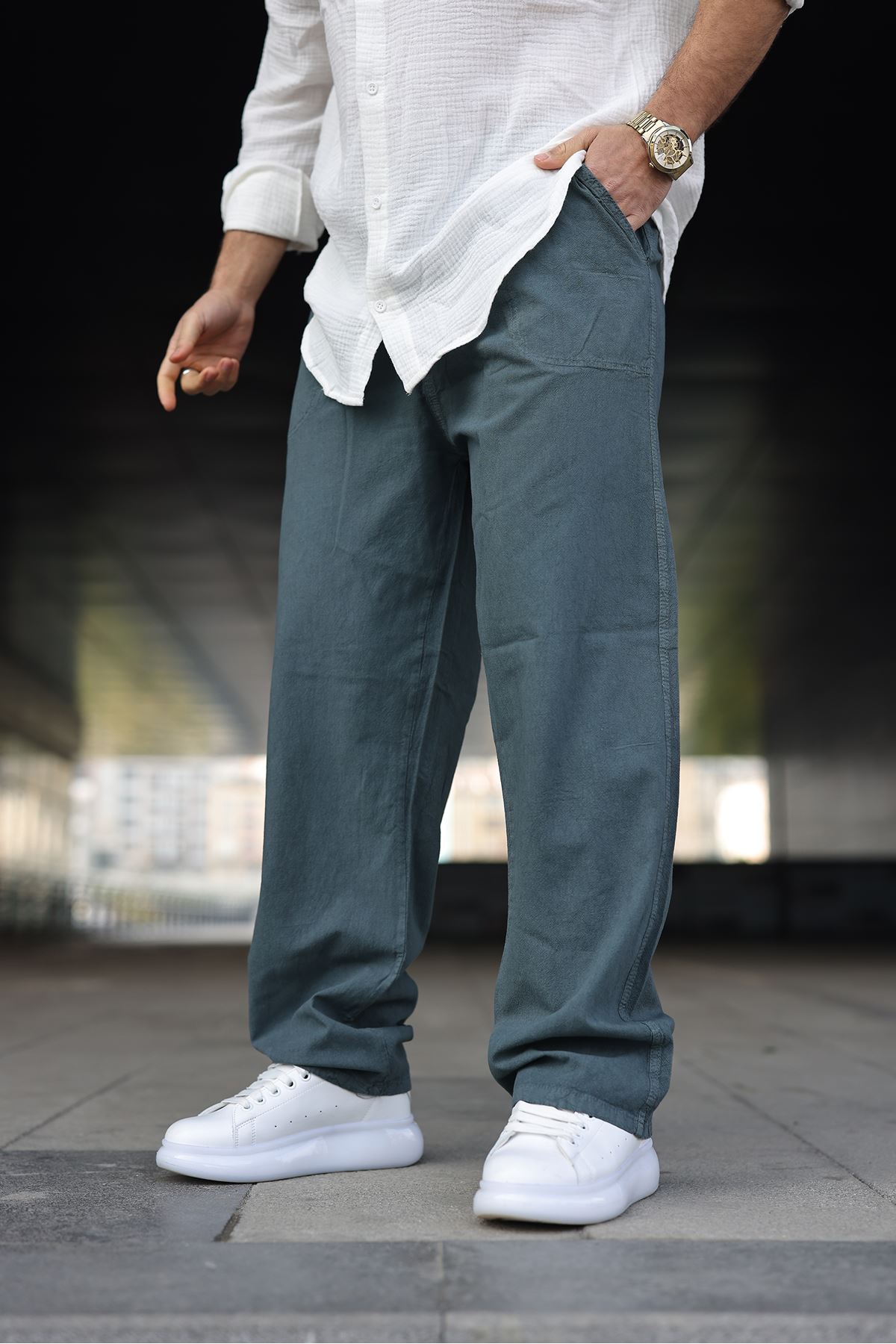 Erkek Trend Basic Bol Paça Petrol Baggy Keten Pantolon