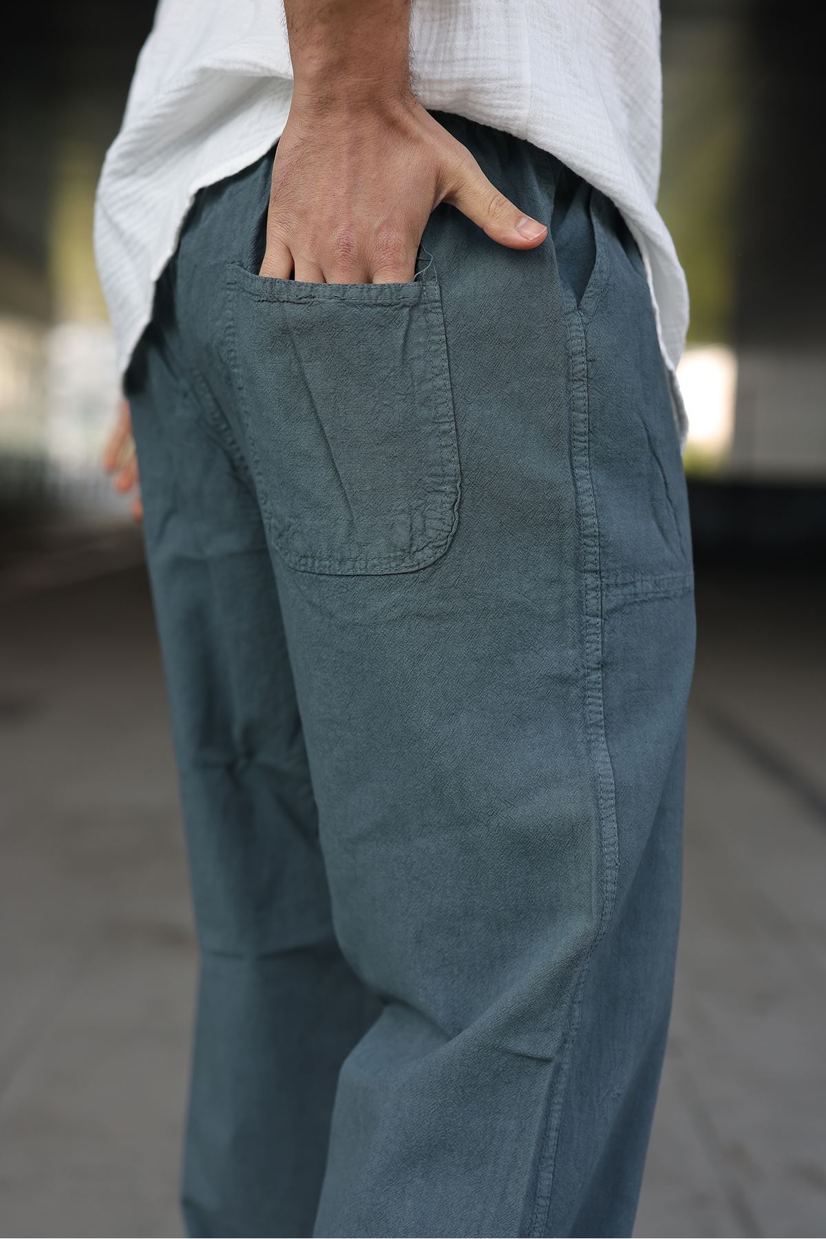 Erkek Trend Basic Bol Paça Petrol Baggy Keten Pantolon
