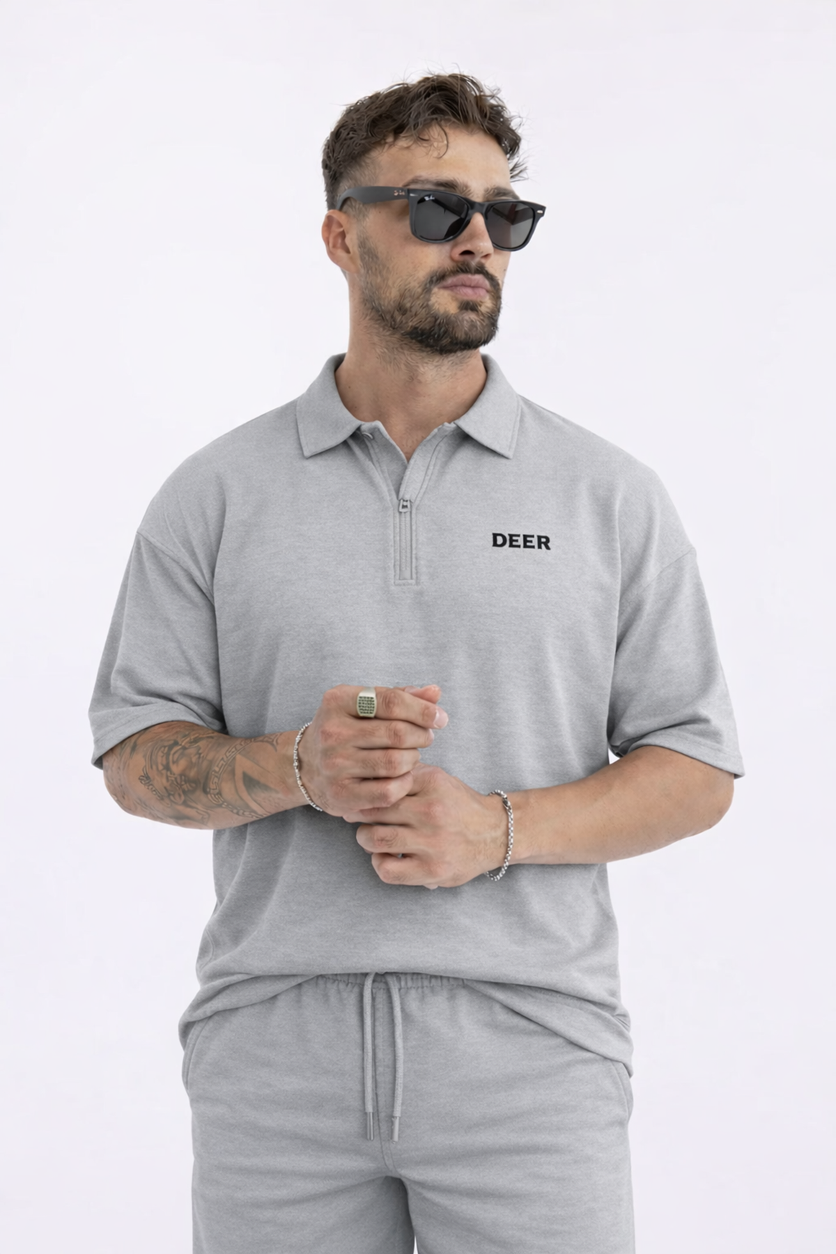 Erkek Polo Yaka Tişört Bol Şort Gri Yazlık İkili Takım